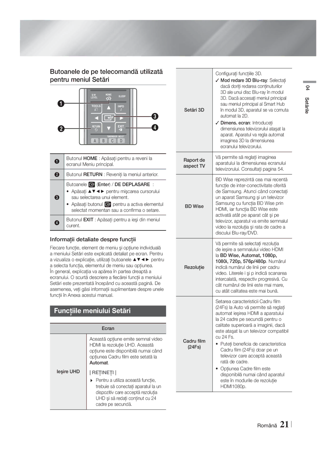 Samsung HT-F9750W/EN manual Butoanele de pe telecomandă utilizată pentru meniul Setări, Funcţiile meniului Setări 