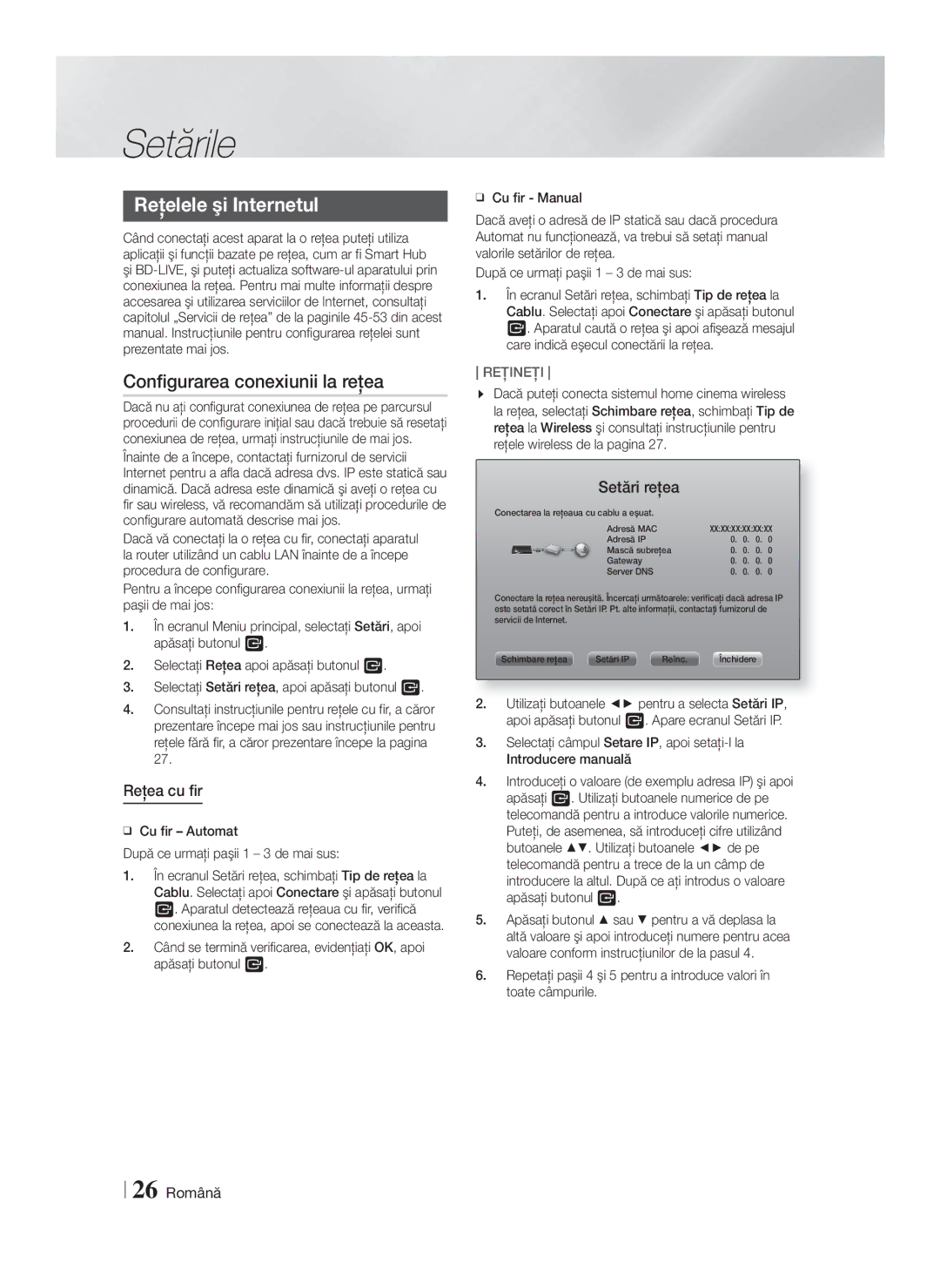 Samsung HT-F9750W/EN manual Reţelele şi Internetul, Configurarea conexiunii la reţea, Reţea cu fir, Setări reţea, 26 Română 