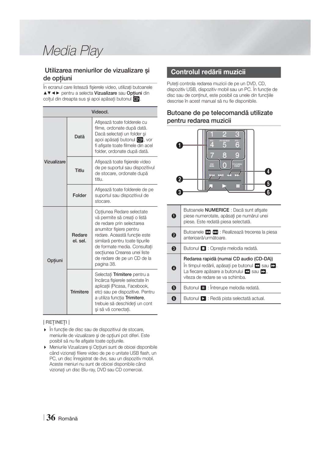 Samsung HT-F9750W/EN manual Utilizarea meniurilor de vizualizare şi de opţiuni, Controlul redării muzicii, 36 Română 