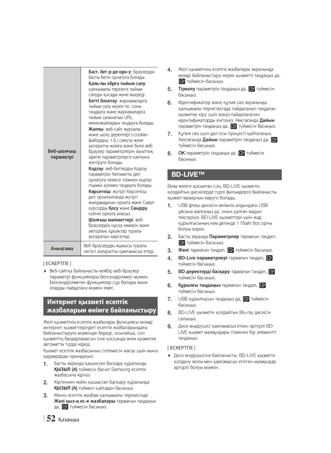 Samsung HT-F9750W/RU manual Интернет қызметі есептік, 52 Қазақша 