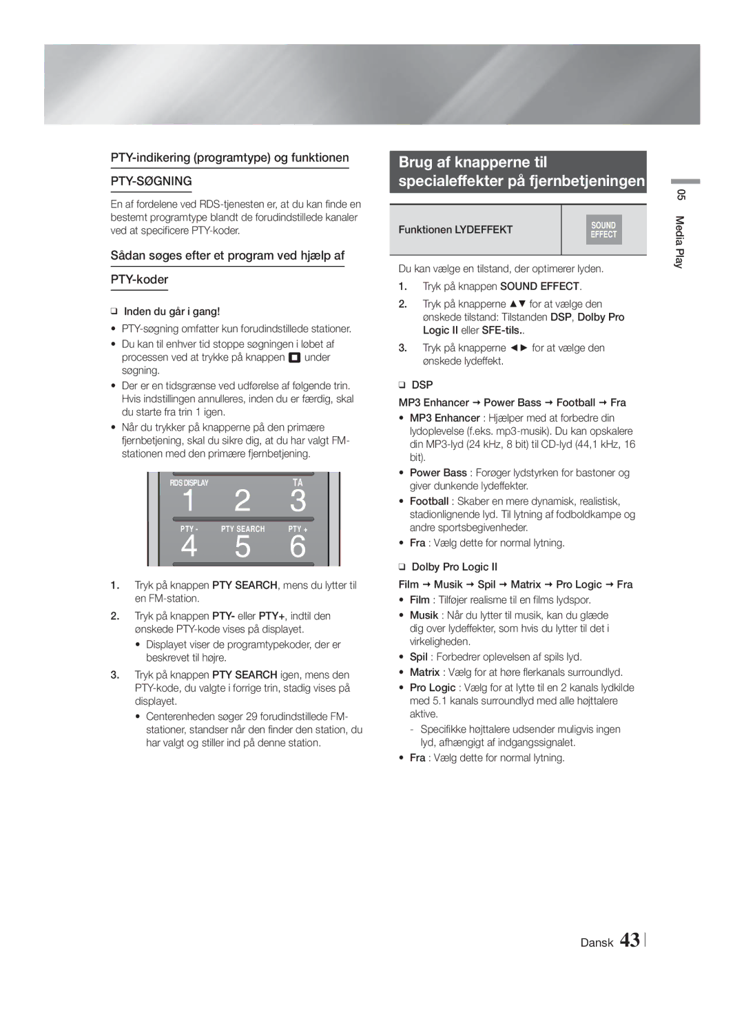 Samsung HT-F9750W/XE Brug af knapperne til Specialeffekter på fjernbetjeningen, PTY-indikering programtype og funktionen 