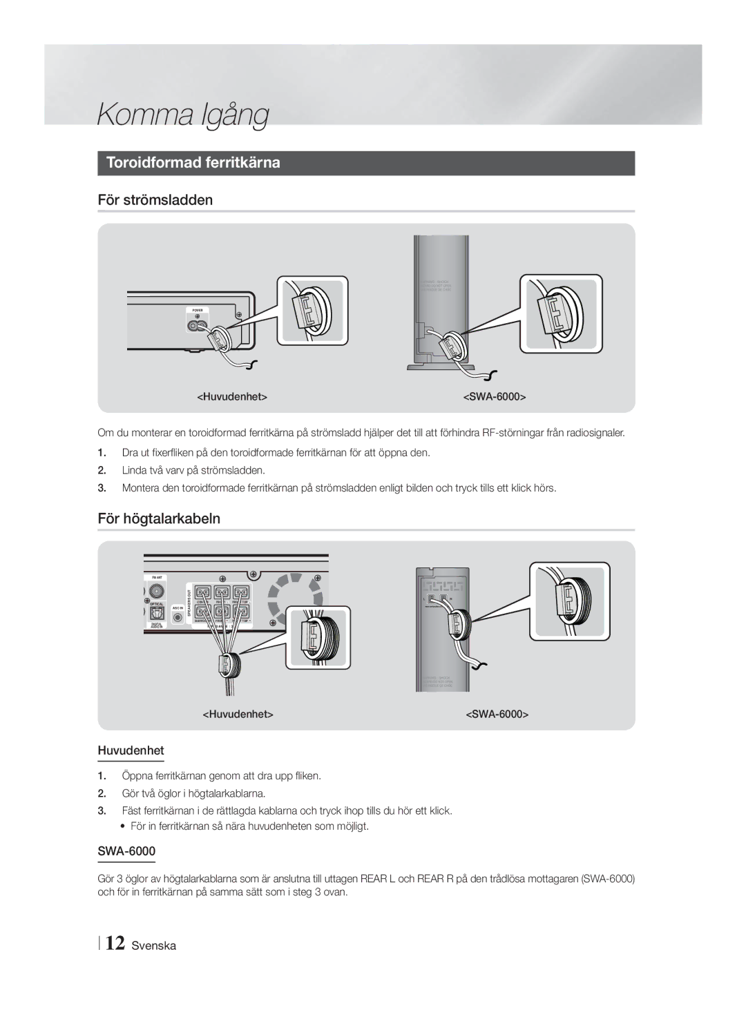 Samsung HT-F9750W/XE manual Toroidformad ferritkärna, För strömsladden, För högtalarkabeln, Huvudenhet, SWA-6000 