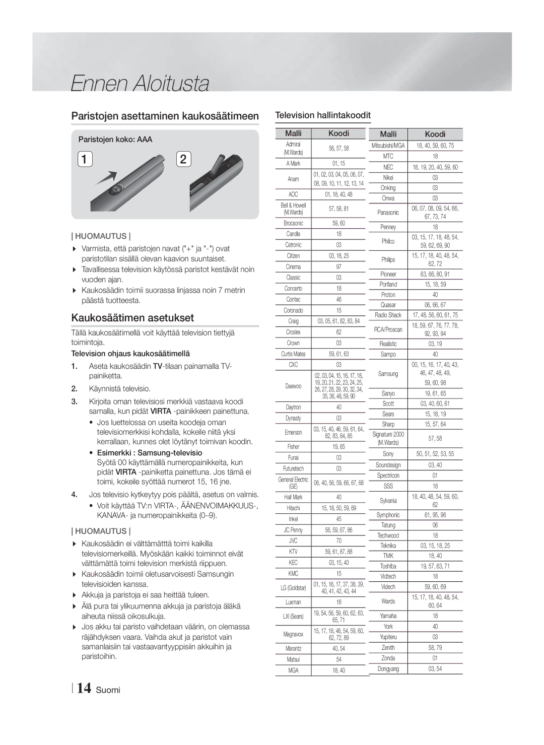 Samsung HT-F9750W/XE manual Paristojen asettaminen kaukosäätimeen, Kaukosäätimen asetukset, Television hallintakoodit 