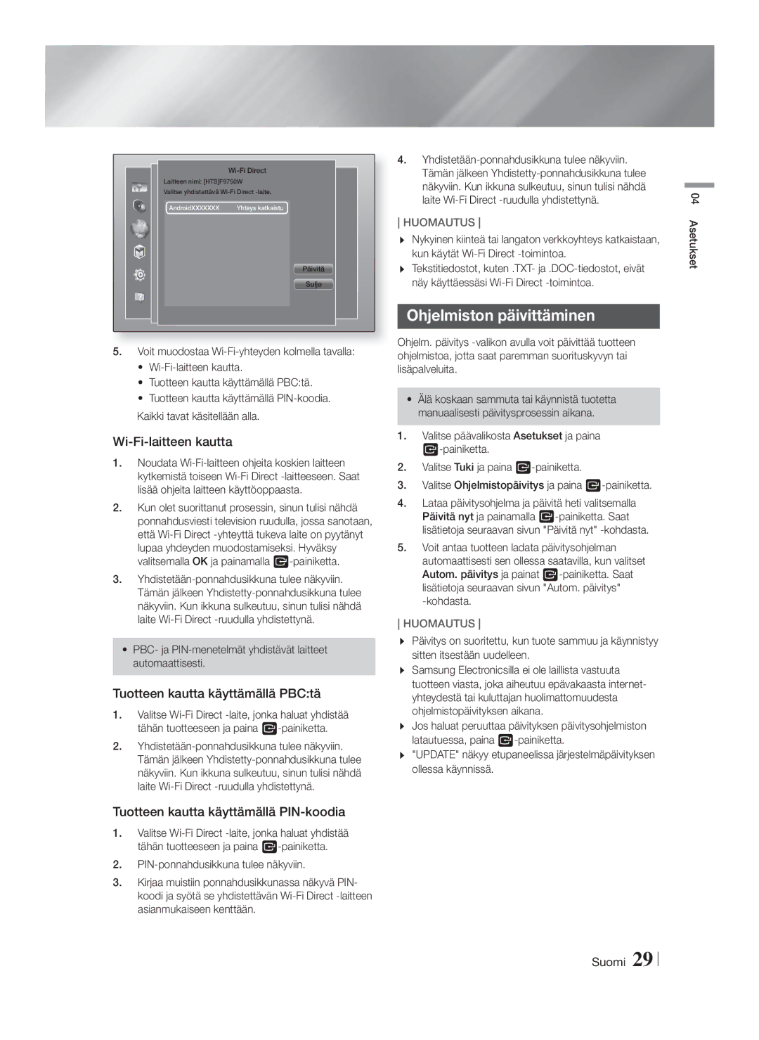 Samsung HT-F9750W/XE manual Ohjelmiston päivittäminen, Wi-Fi-laitteen kautta, Tuotteen kautta käyttämällä PBCtä 