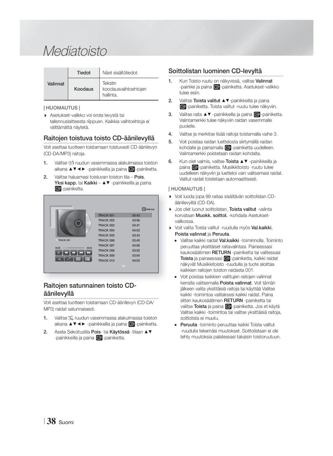 Samsung HT-F9750W/XE manual Raitojen toistuva toisto CD-äänilevyllä, Raitojen satunnainen toisto CD- äänilevyllä 