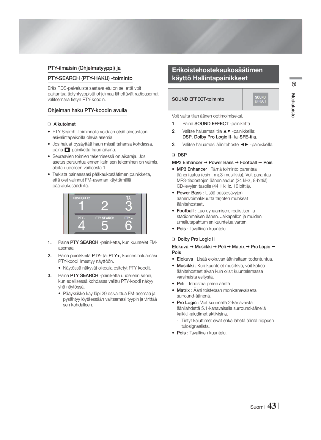 Samsung HT-F9750W/XE manual Erikoistehostekaukosäätimen Käyttö Hallintapainikkeet, Ohjelman haku PTY-koodin avulla 