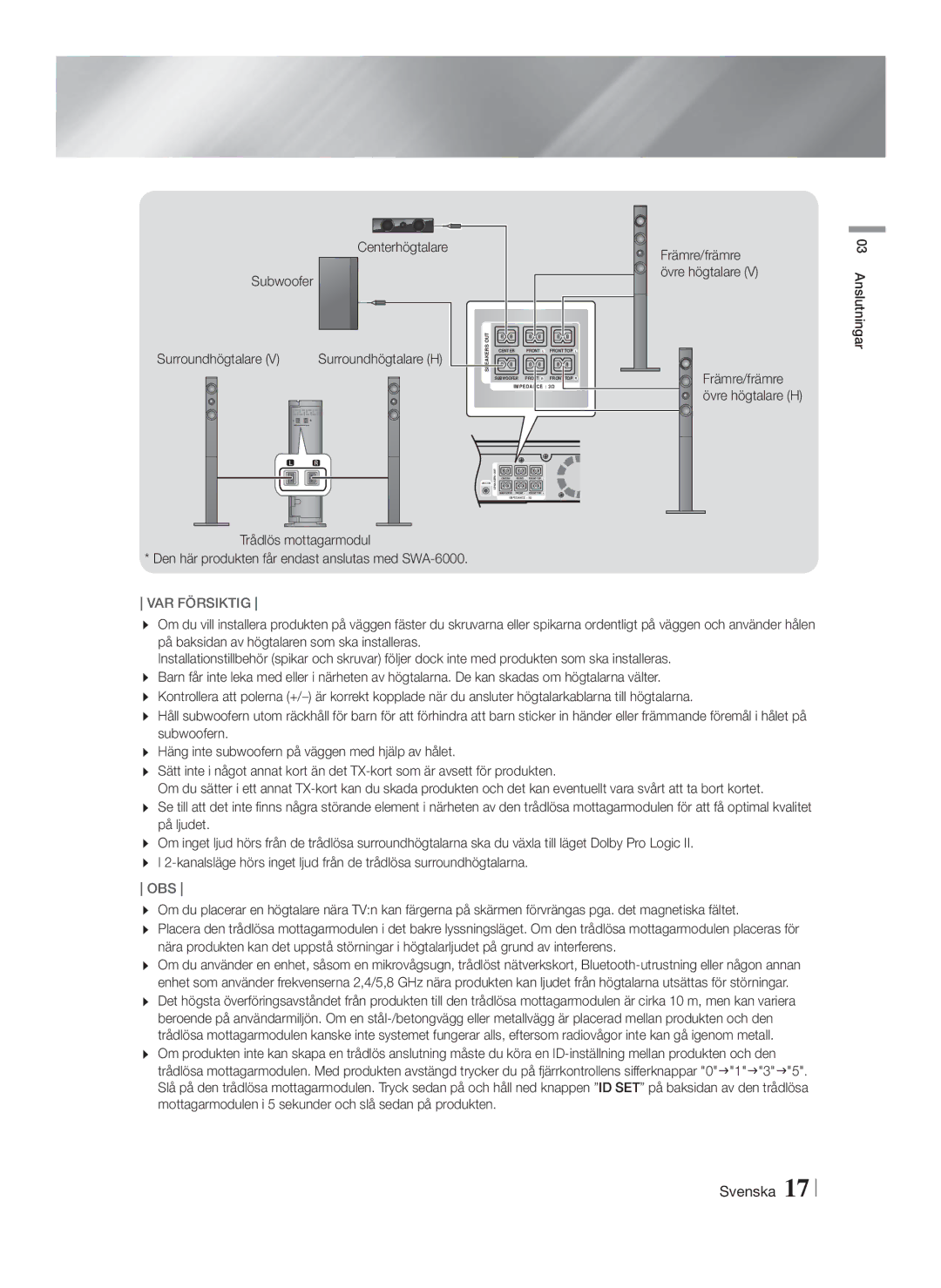 Samsung HT-F9750W/XE manual Subwoofer Surroundhögtalare, Övre högtalare H 