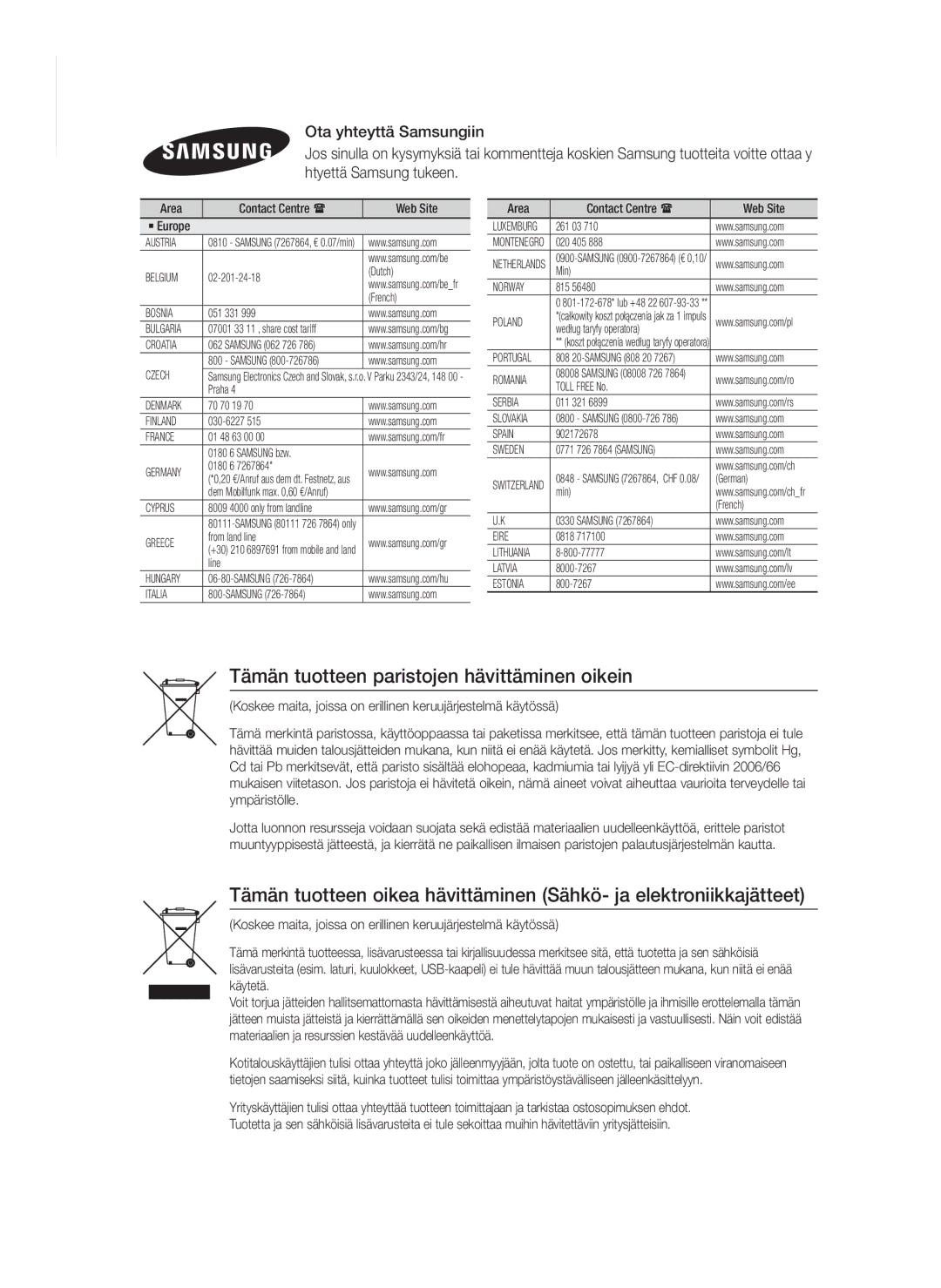 Samsung HT-F9750W/XE manual Tämän tuotteen paristojen hävittäminen oikein, Area Contact Centre  Web Site ` Europe 