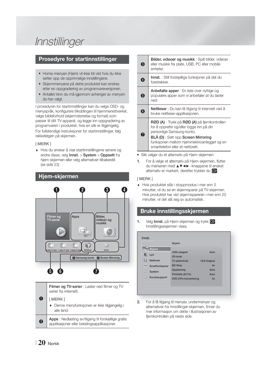 Samsung HT-F9750W/XE manual Innstillinger, Prosedyre for startinnstillinger, Hjem-skjermen, Bruke innstillingsskjermen 