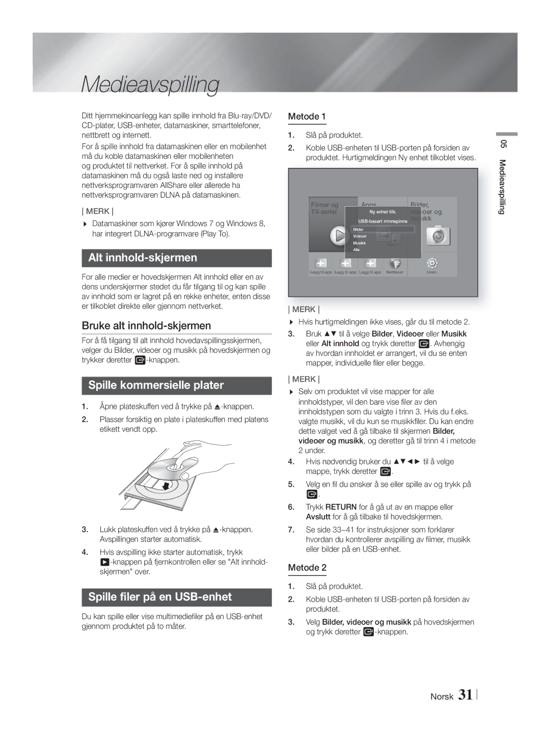 Samsung HT-F9750W/XE manual Medieavspilling, Alt innhold-skjermen, Bruke alt innhold-skjermen, Spille kommersielle plater 