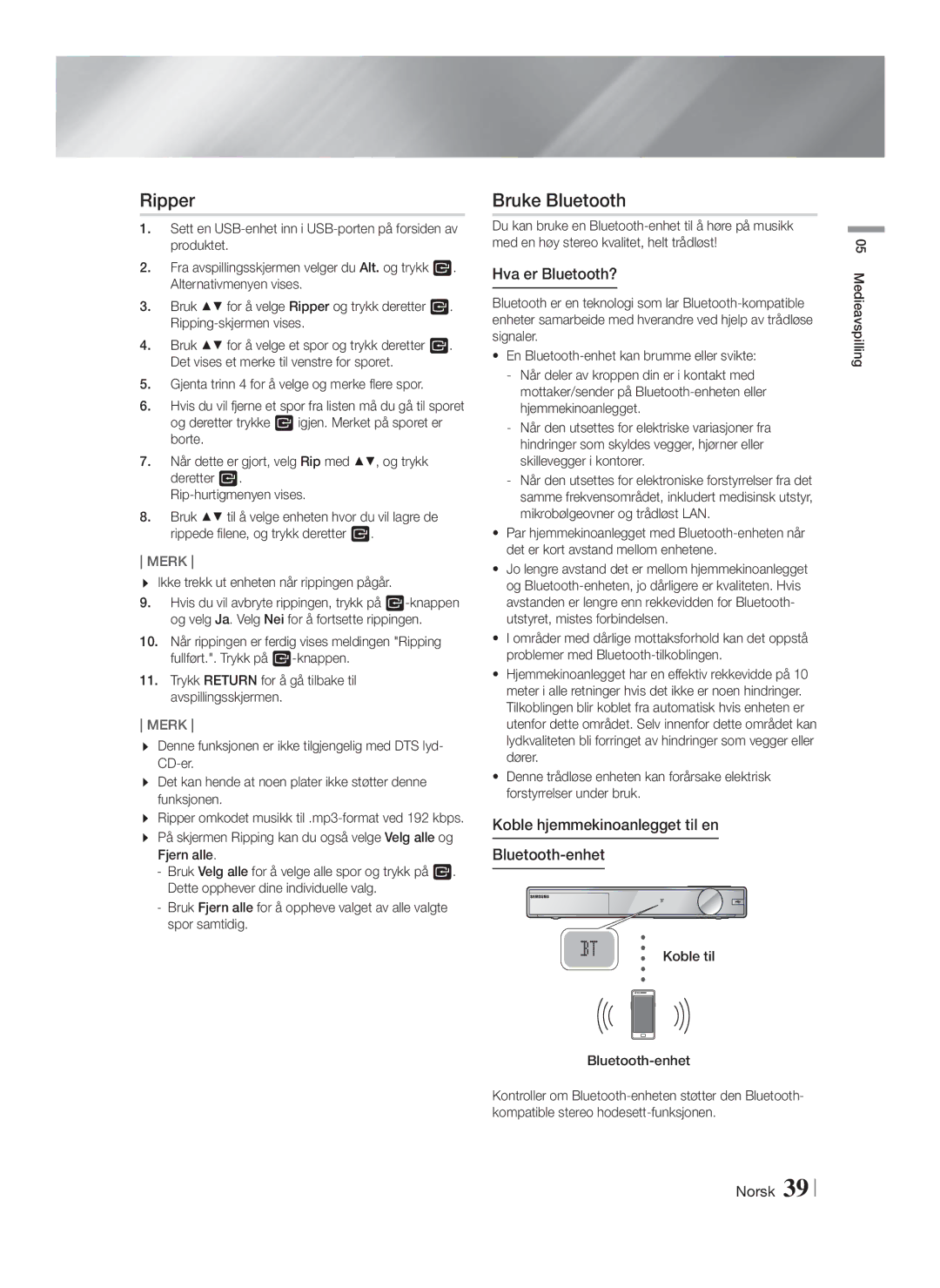 Samsung HT-F9750W/XE manual Bruke Bluetooth, Hva er Bluetooth?, Koble hjemmekinoanlegget til en Bluetooth-enhet 