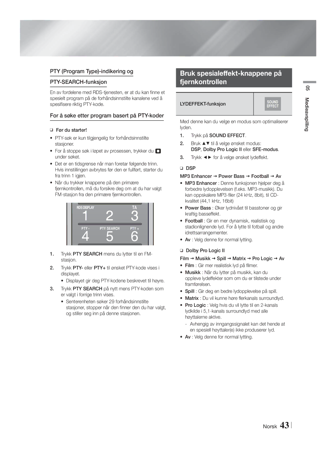 Samsung HT-F9750W/XE Bruk spesialeffekt-knappene på Fjernkontrollen, PTY Program Type-indikering og PTY-SEARCH-funksjon 