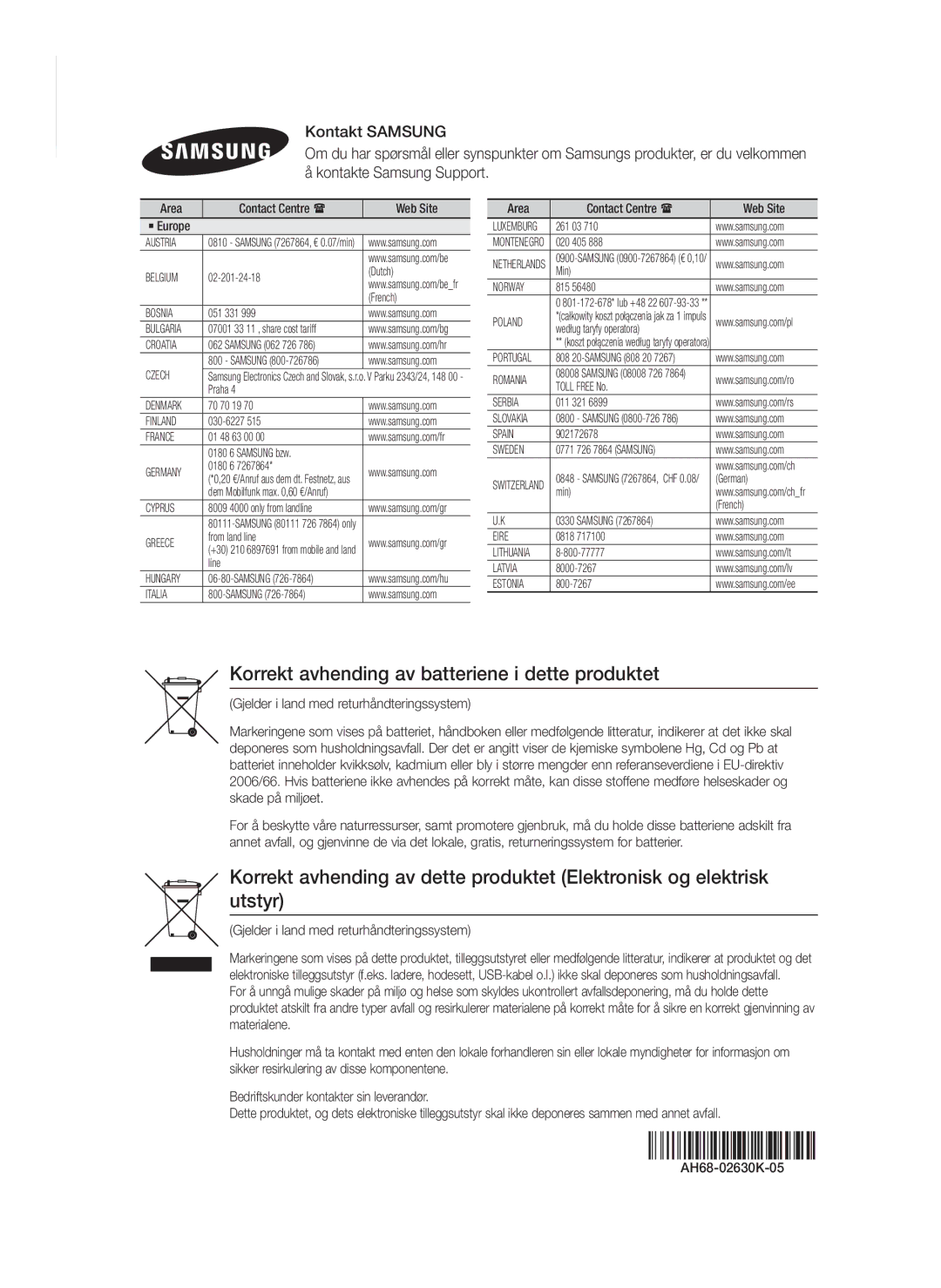 Samsung HT-F9750W/XE manual Korrekt avhending av batteriene i dette produktet, Gjelder i land med returhåndteringssystem 