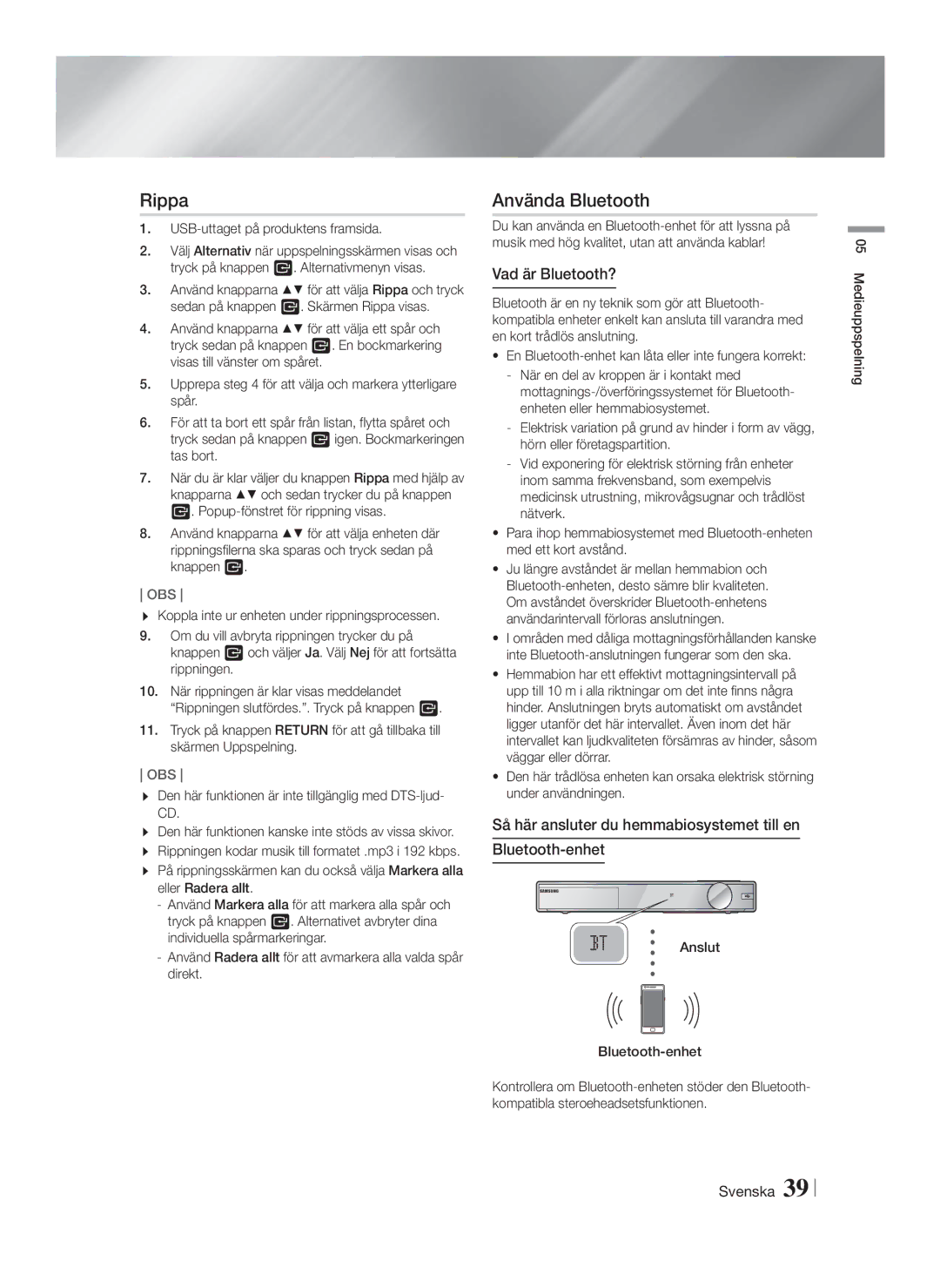 Samsung HT-F9750W/XE manual Rippa, Använda Bluetooth, Vad är Bluetooth?, USB-uttaget på produktens framsida 