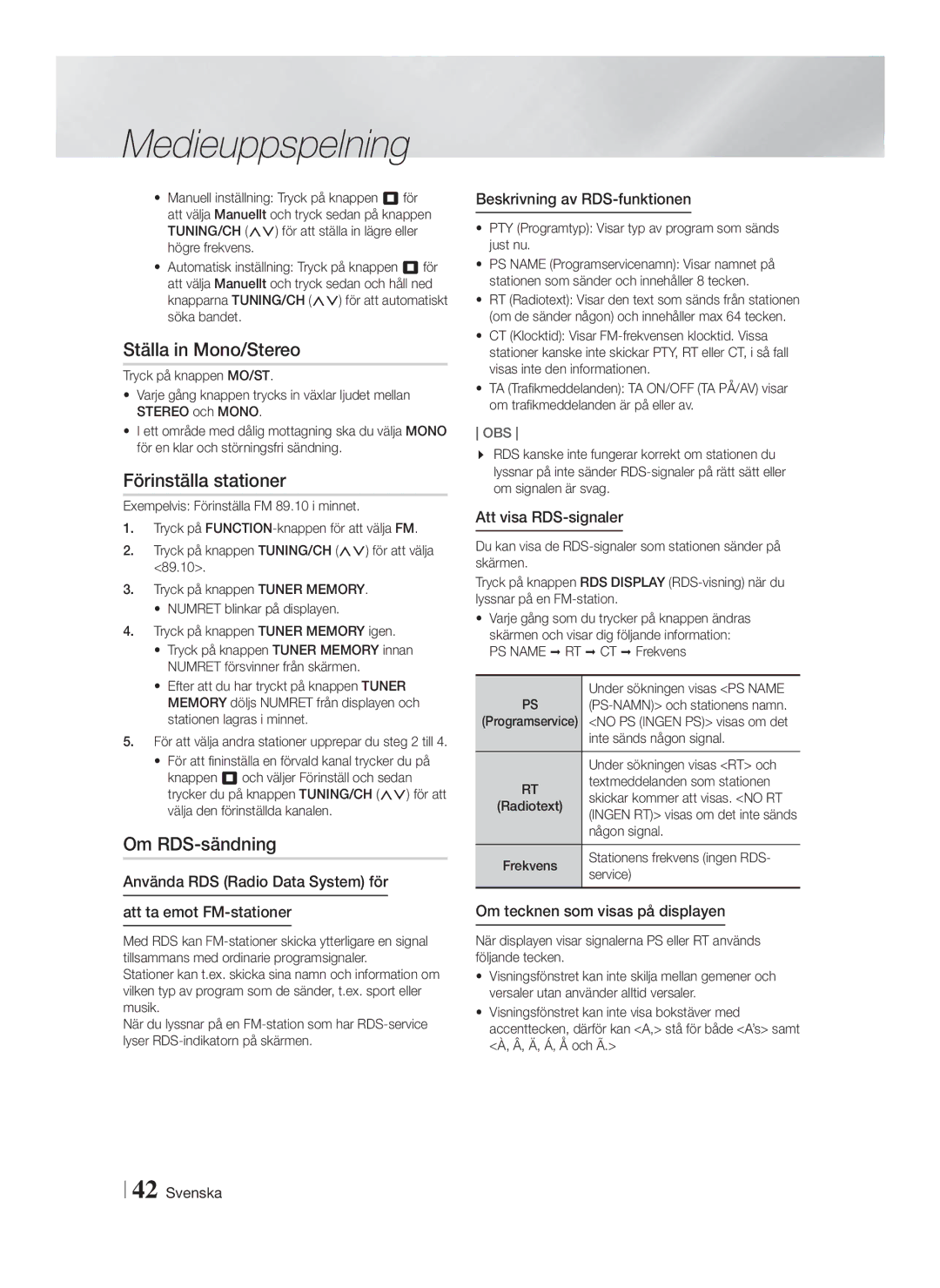 Samsung HT-F9750W/XE manual Ställa in Mono/Stereo, Förinställa stationer, Om RDS-sändning 