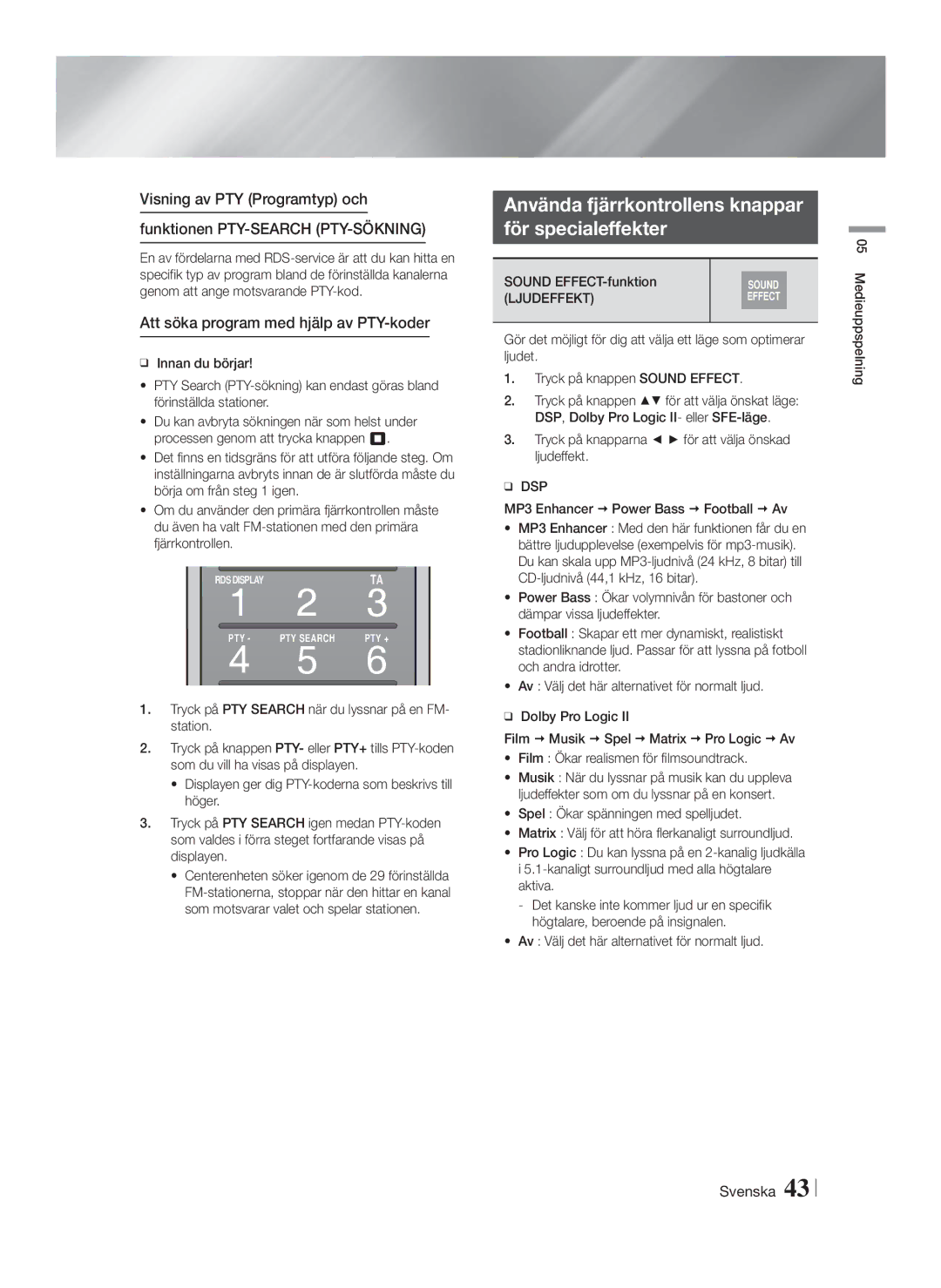 Samsung HT-F9750W/XE Använda fjärrkontrollens knappar För specialeffekter, Att söka program med hjälp av PTY-koder, Dsp 