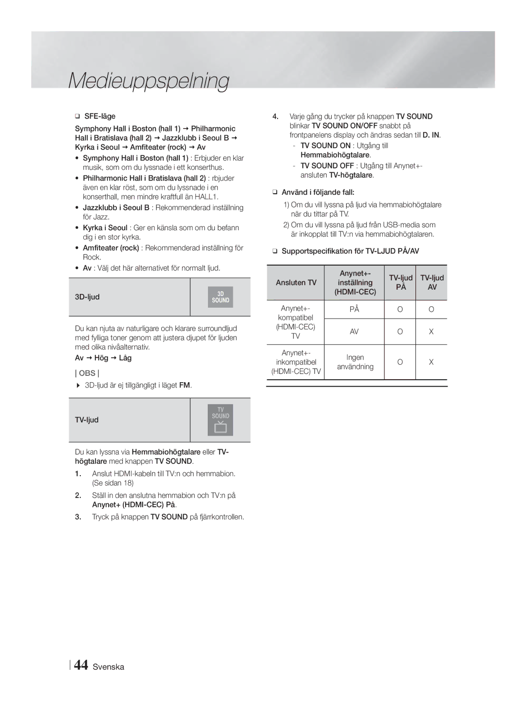 Samsung HT-F9750W/XE manual SFE-läge, Av  Hög  Låg, 3D-ljud är ej tillgängligt i läget FM, Inställning 