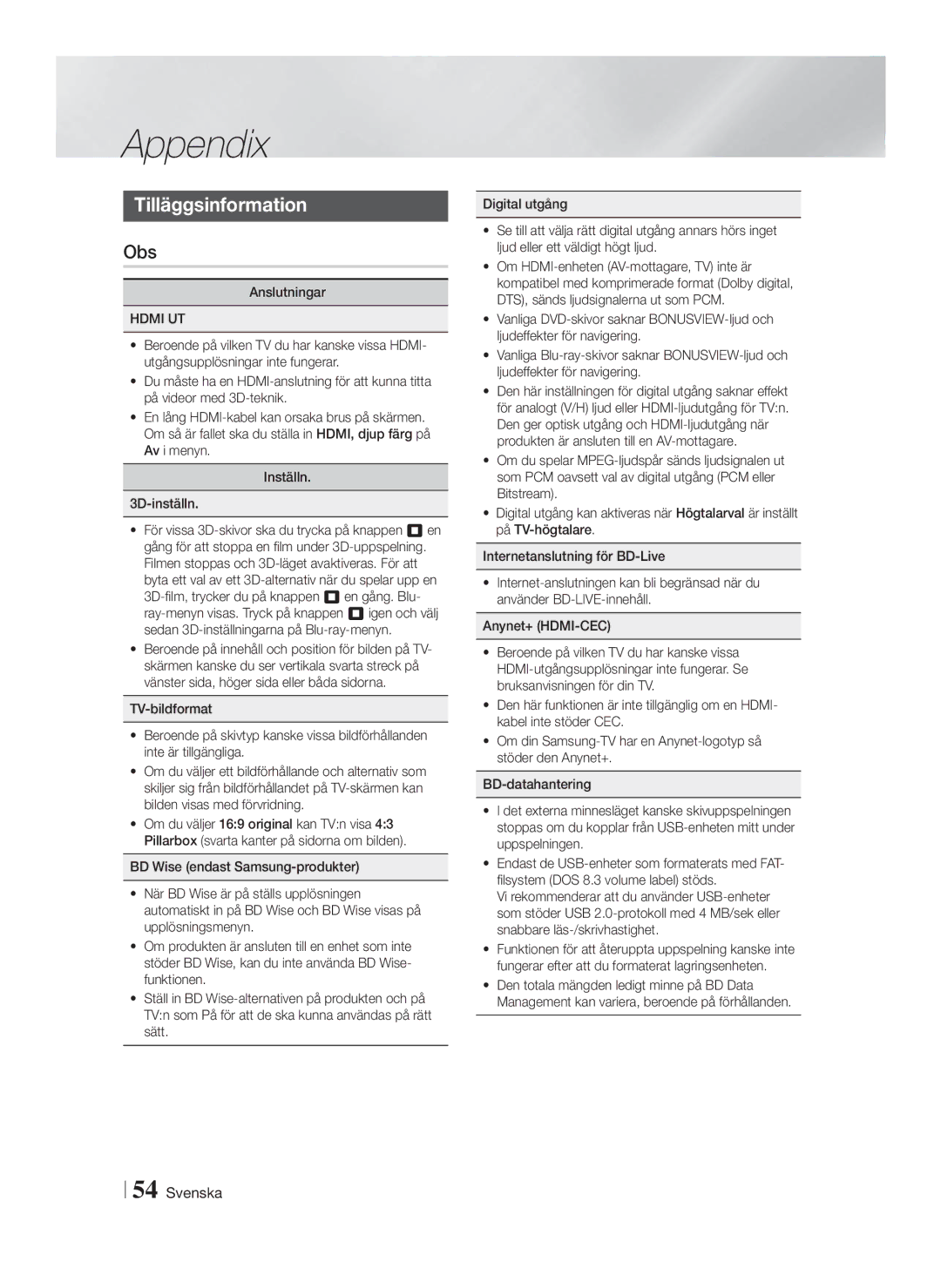 Samsung HT-F9750W/XE manual Appendix, Tilläggsinformation, Obs, Anslutningar, Hdmi UT 