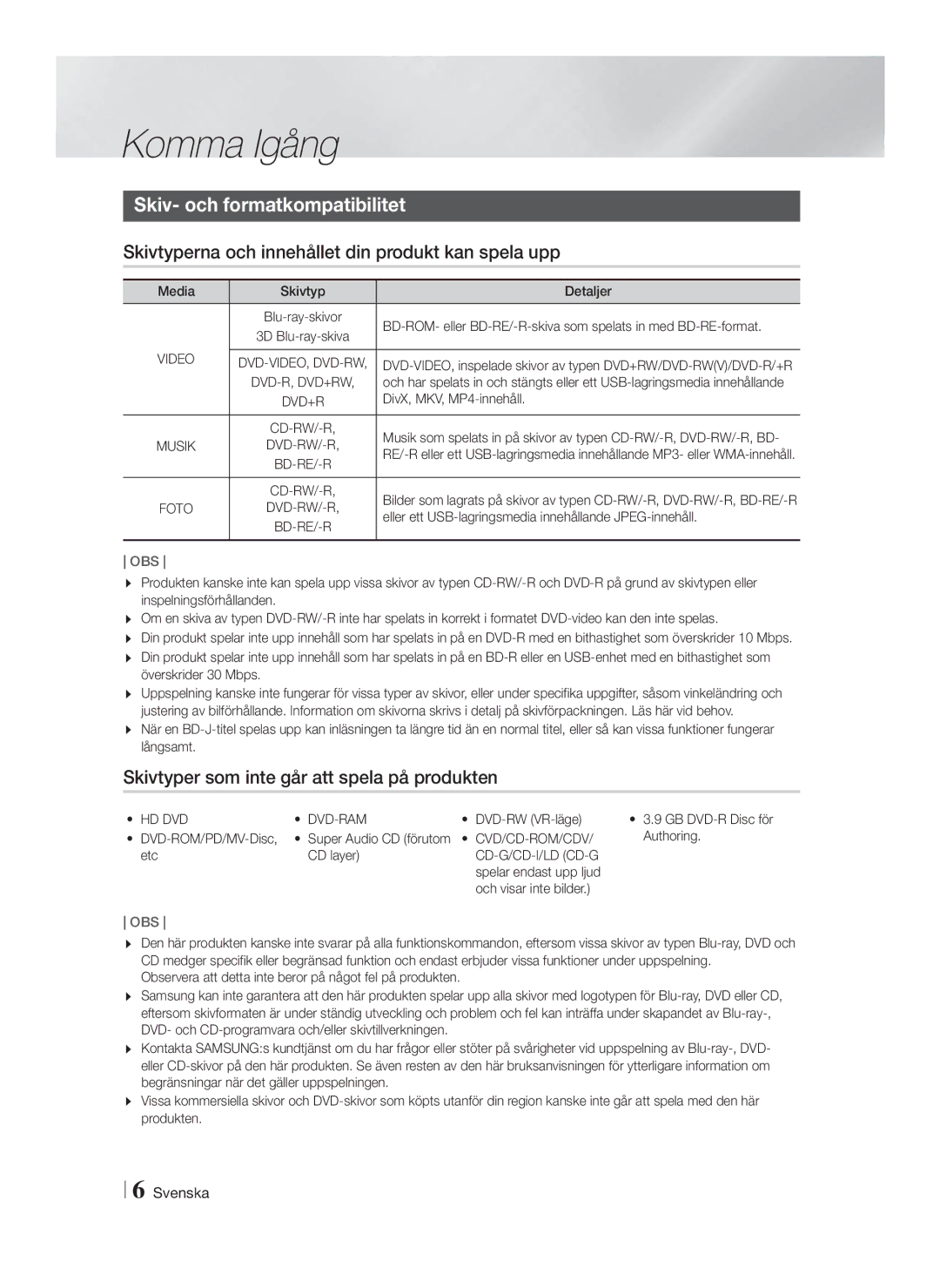 Samsung HT-F9750W/XE Komma Igång, Skiv- och formatkompatibilitet, Skivtyperna och innehållet din produkt kan spela upp 