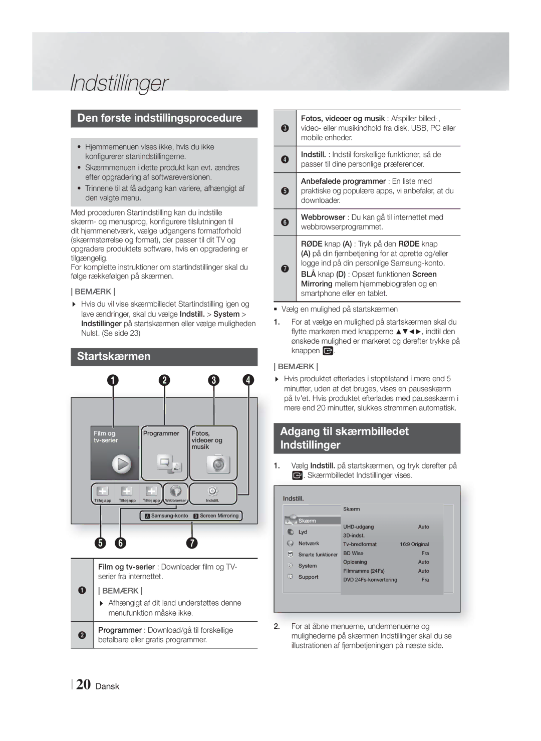 Samsung HT-F9750W/XE manual Den første indstillingsprocedure, Startskærmen, Adgang til skærmbilledet Indstillinger 