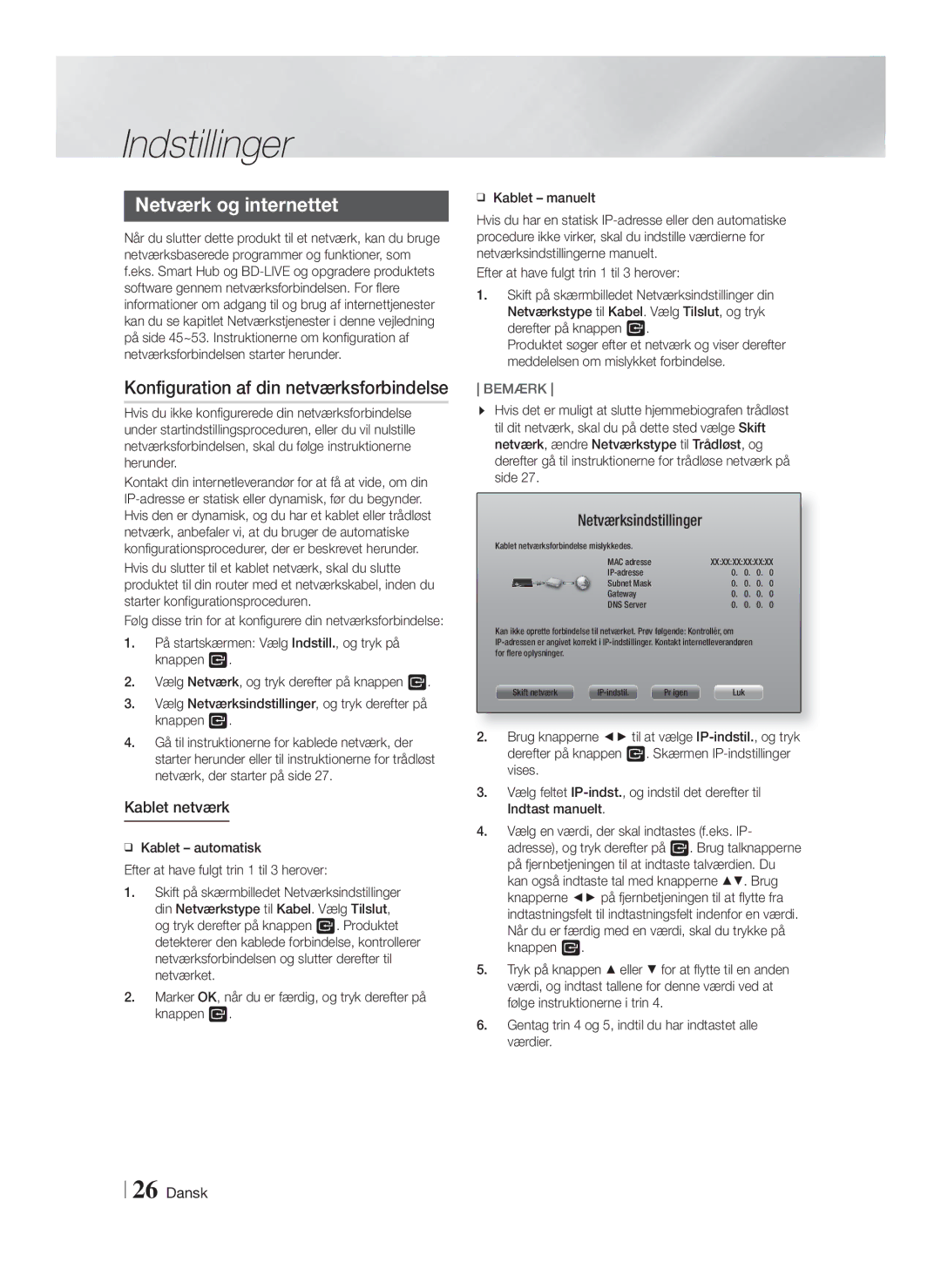 Samsung HT-F9750W/XE manual Netværk og internettet, Konfiguration af din netværksforbindelse, Kablet netværk 