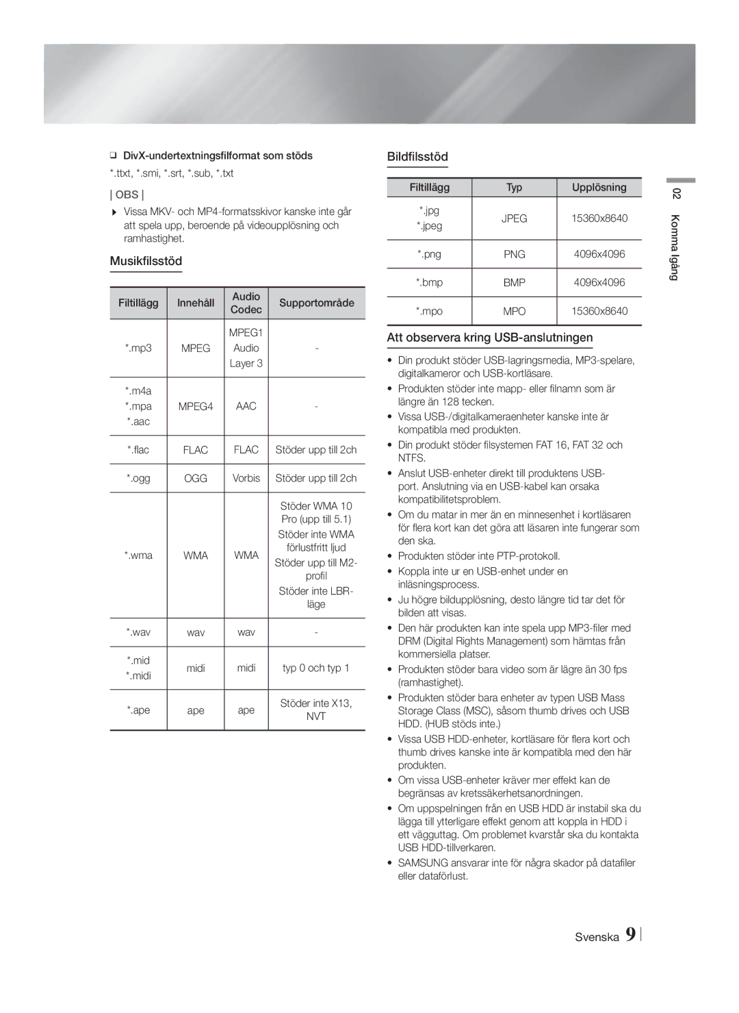 Samsung HT-F9750W/XE manual Musikfilsstöd, Bildfilsstöd, Att observera kring USB-anslutningen, Bmp, Mpo 