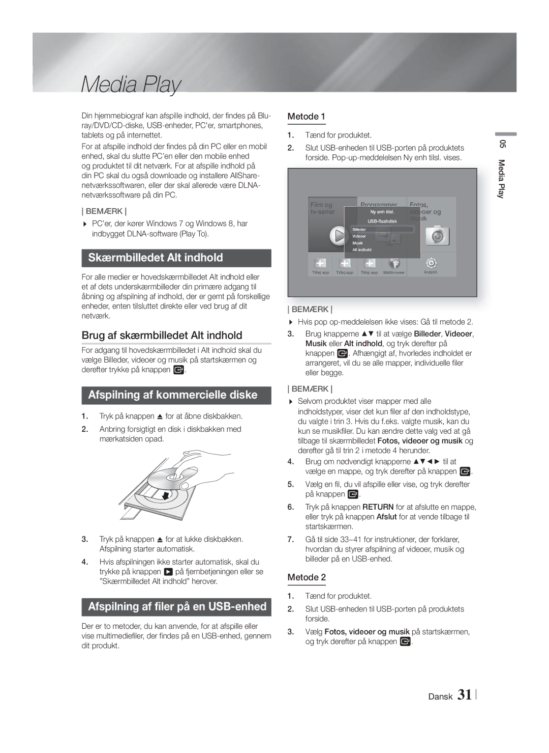 Samsung HT-F9750W/XE manual Media Play, Skærmbilledet Alt indhold, Brug af skærmbilledet Alt indhold 