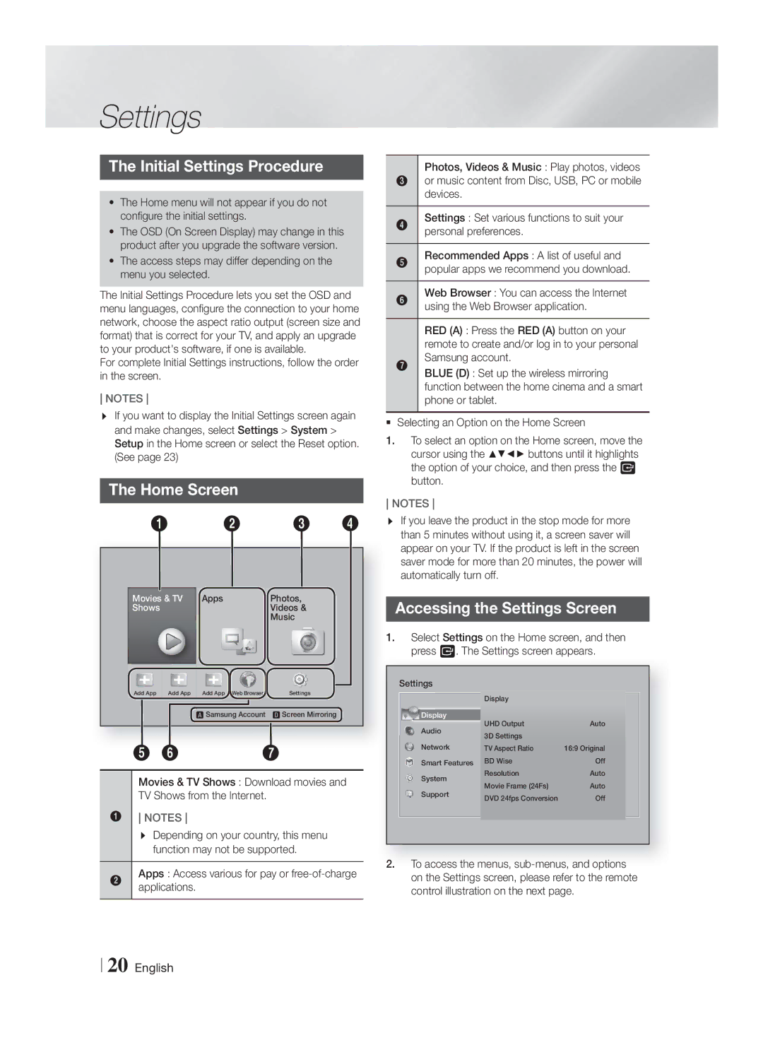 Samsung HT-F9750W/XN, HT-F9750W/TK, HT-F9750W/EN Initial Settings Procedure, Home Screen, Accessing the Settings Screen 