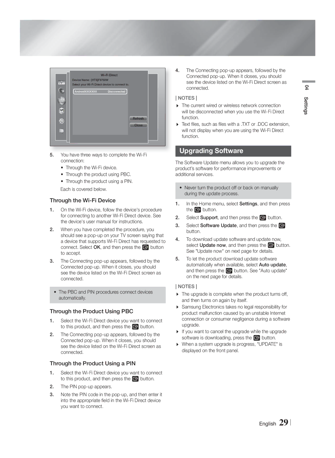 Samsung HT-F9750W/XE, HT-F9750W/XN manual Upgrading Software, Through the Wi-Fi Device, Through the Product Using PBC 