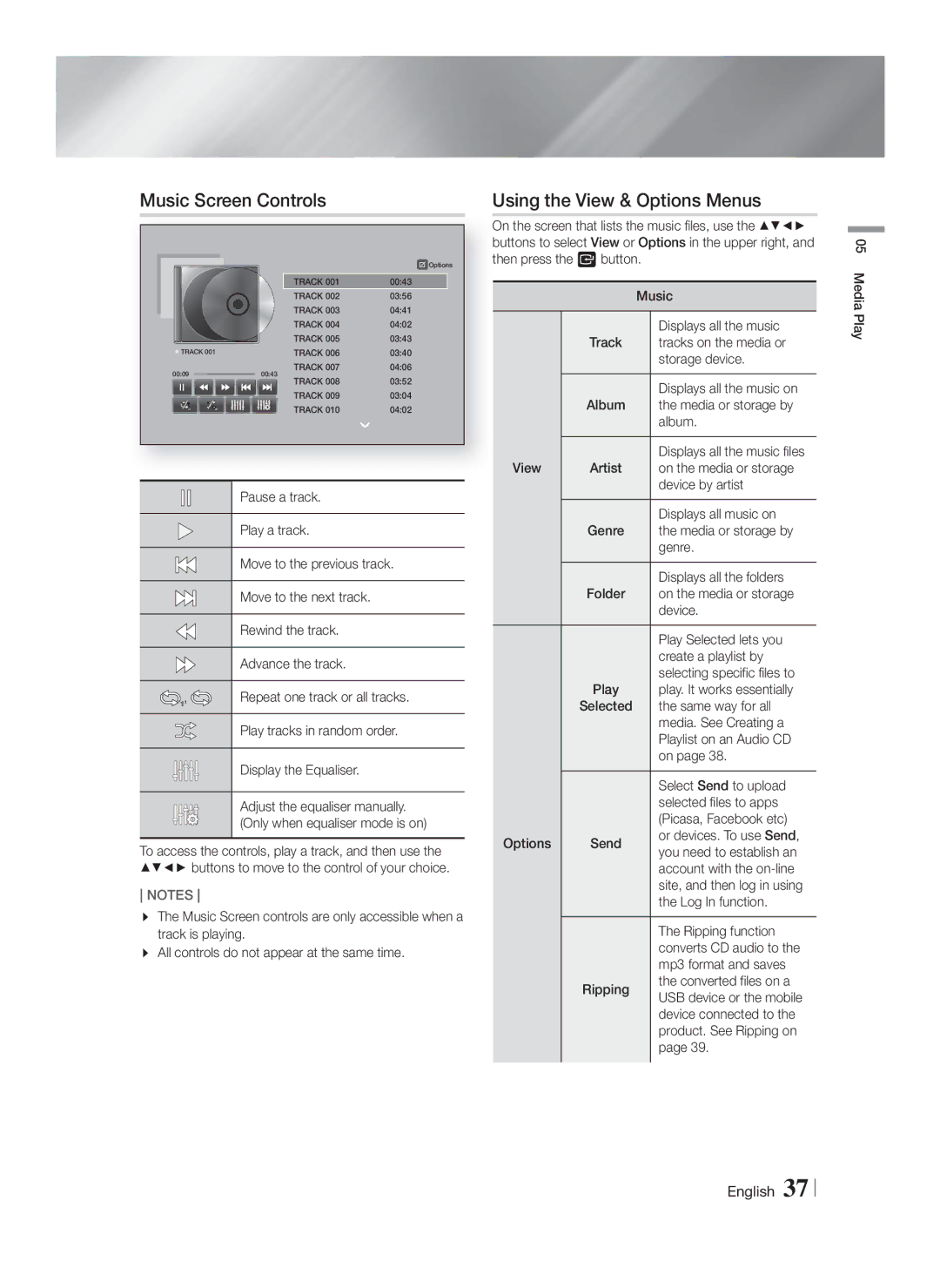 Samsung HT-F9750W/EN, HT-F9750W/XN, HT-F9750W/TK, HT-F9750W/ZF, HT-F9750W/XE manual Music Screen Controls 