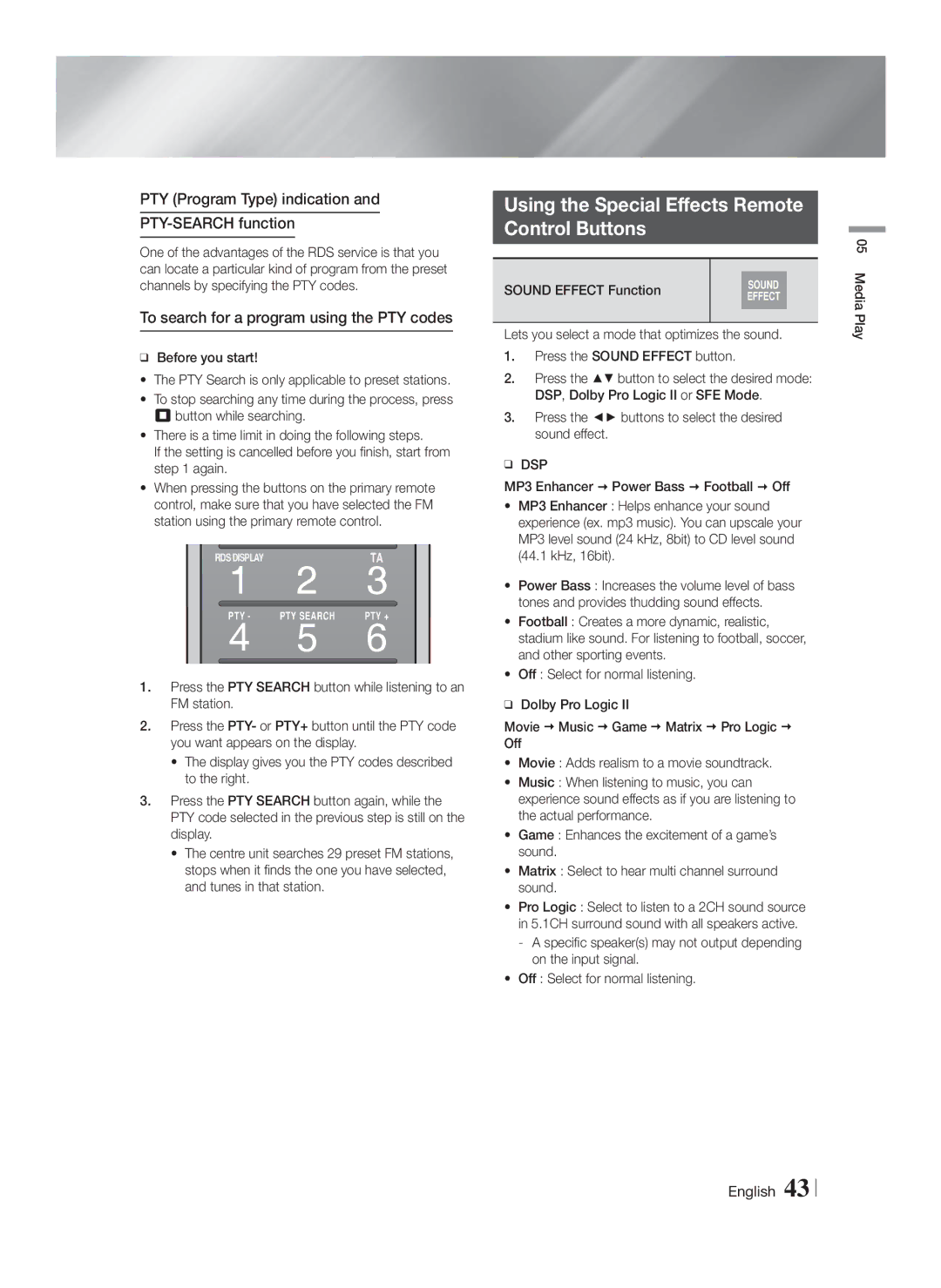 Samsung HT-F9750W/ZF Using the Special Effects Remote Control Buttons, PTY Program Type indication PTY-SEARCH function 