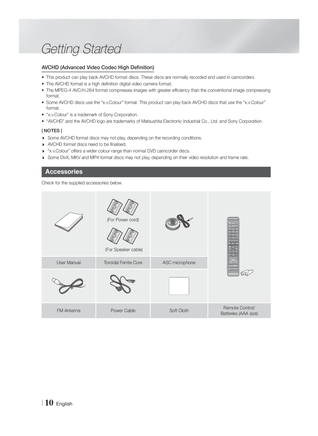 Samsung HT-F9750W/XN Accessories, Avchd Advanced Video Codec High Definition, Check for the supplied accessories below 