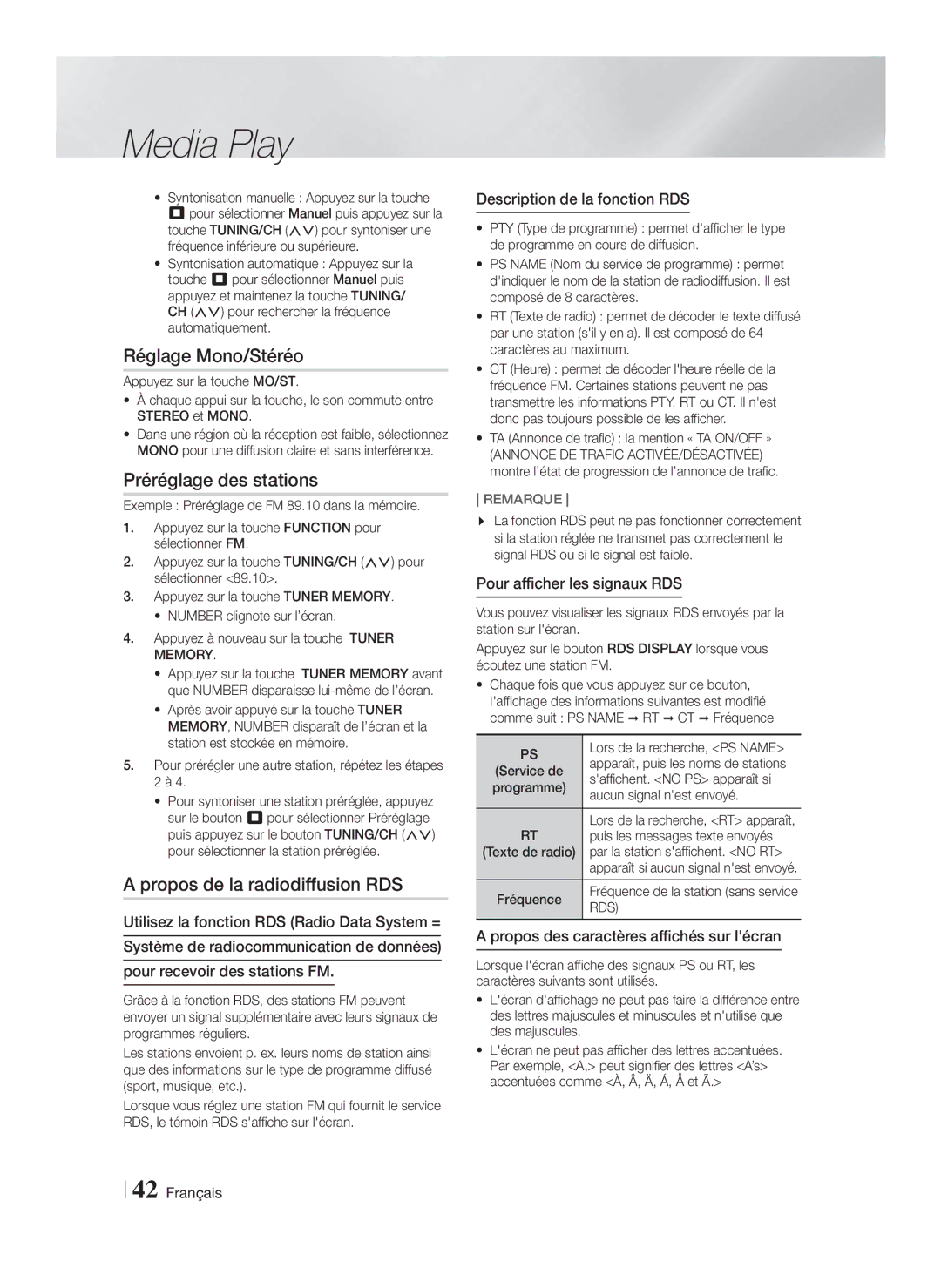 Samsung HT-F9750W/XN, HT-F9750W/TK manual Réglage Mono/Stéréo, Préréglage des stations, Propos de la radiodiffusion RDS 