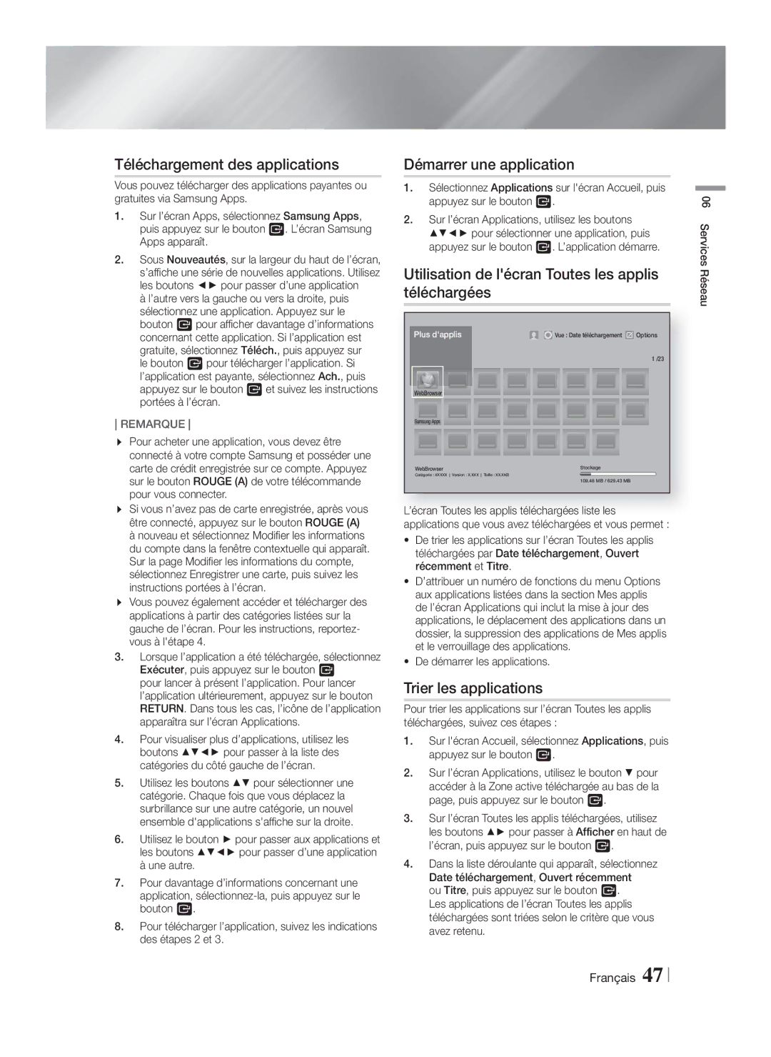 Samsung HT-F9750W/XN, HT-F9750W/TK manual Téléchargement des applications, Démarrer une application, Trier les applications 