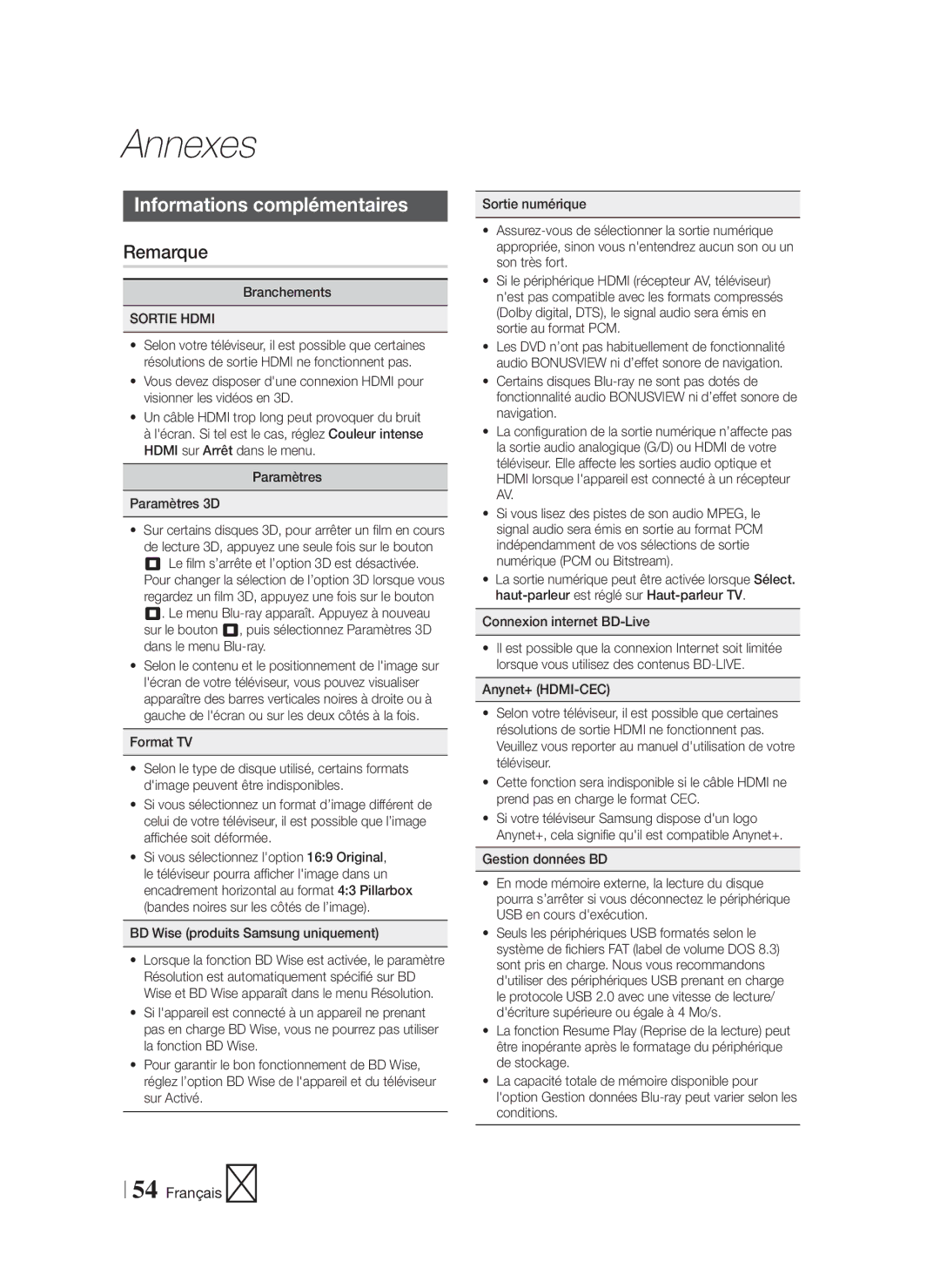 Samsung HT-F9750W/EN Annexes, Informations complémentaires, Remarque, Sortie Hdmi, BD Wise produits Samsung uniquement 
