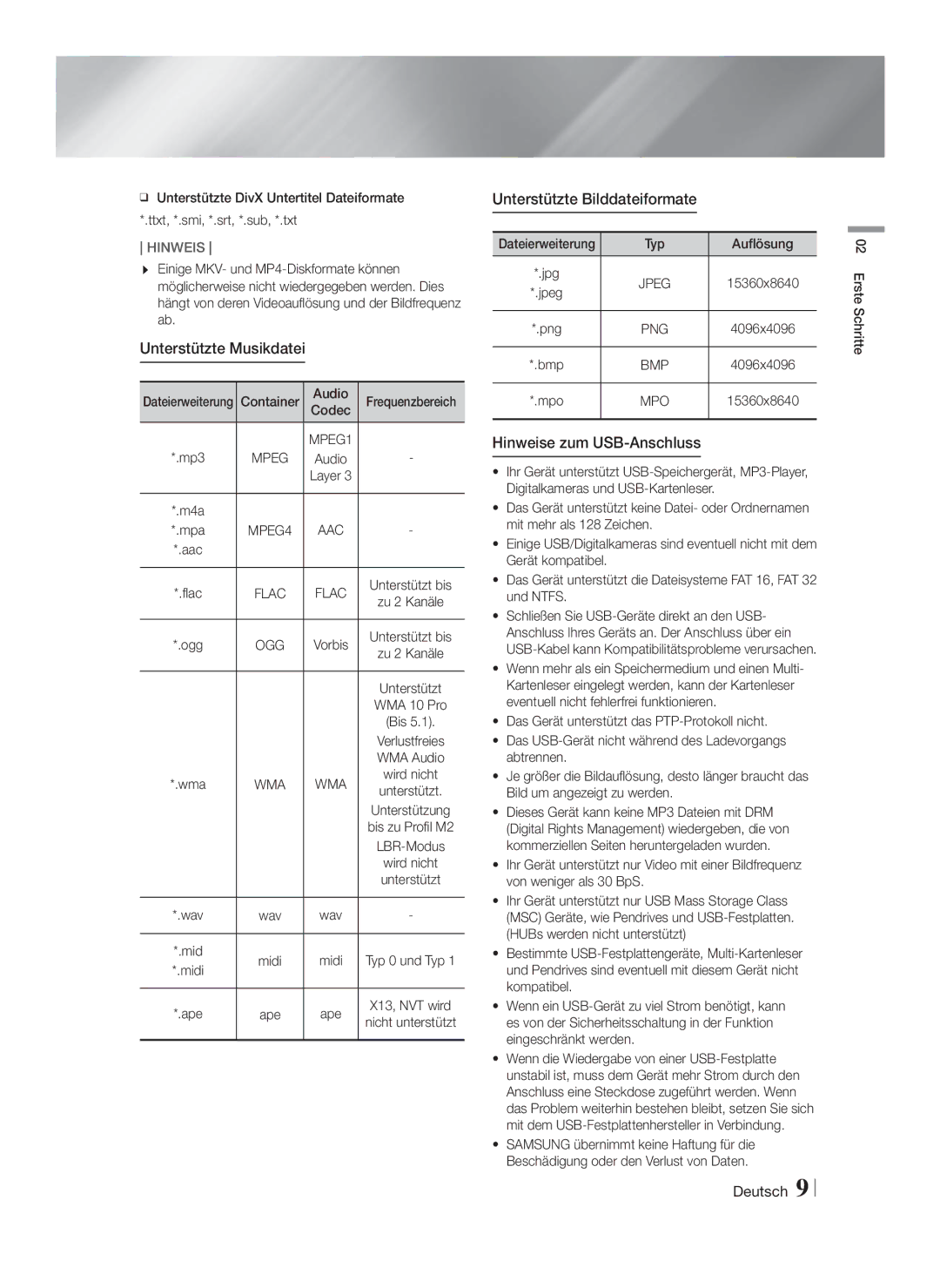 Samsung HT-F9750W/XN Unterstützte Musikdatei, Unterstützte Bilddateiformate, Hinweise zum USB-Anschluss, Container Audio 