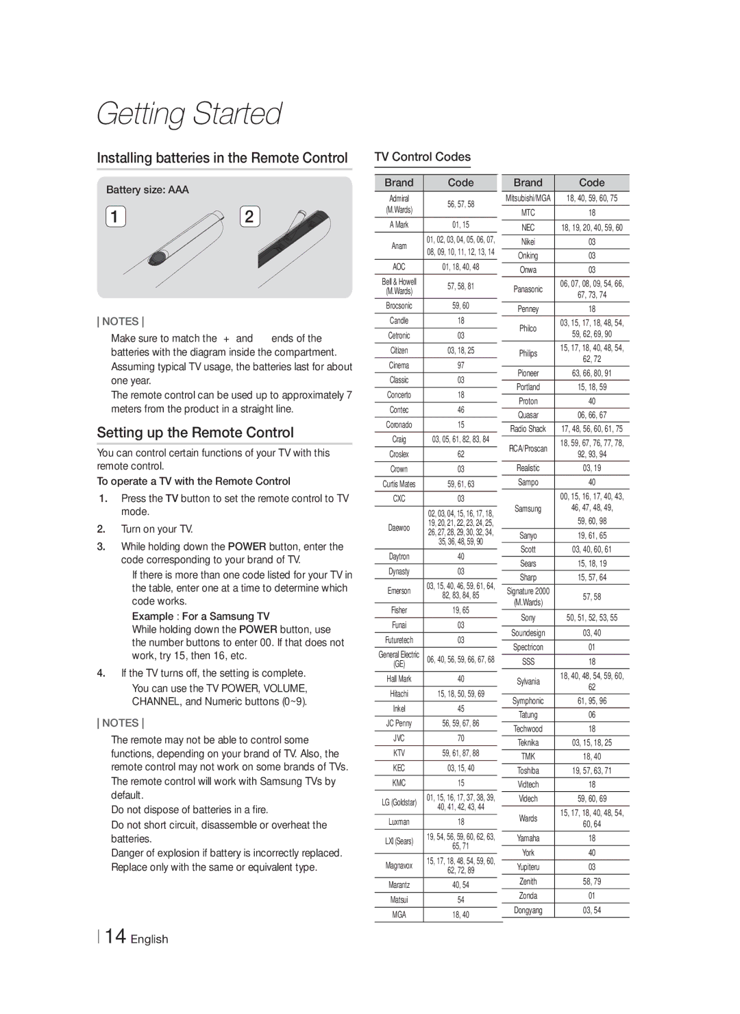 Samsung HT-F9750W/XE manual Installing batteries in the Remote Control, Setting up the Remote Control, TV Control Codes 