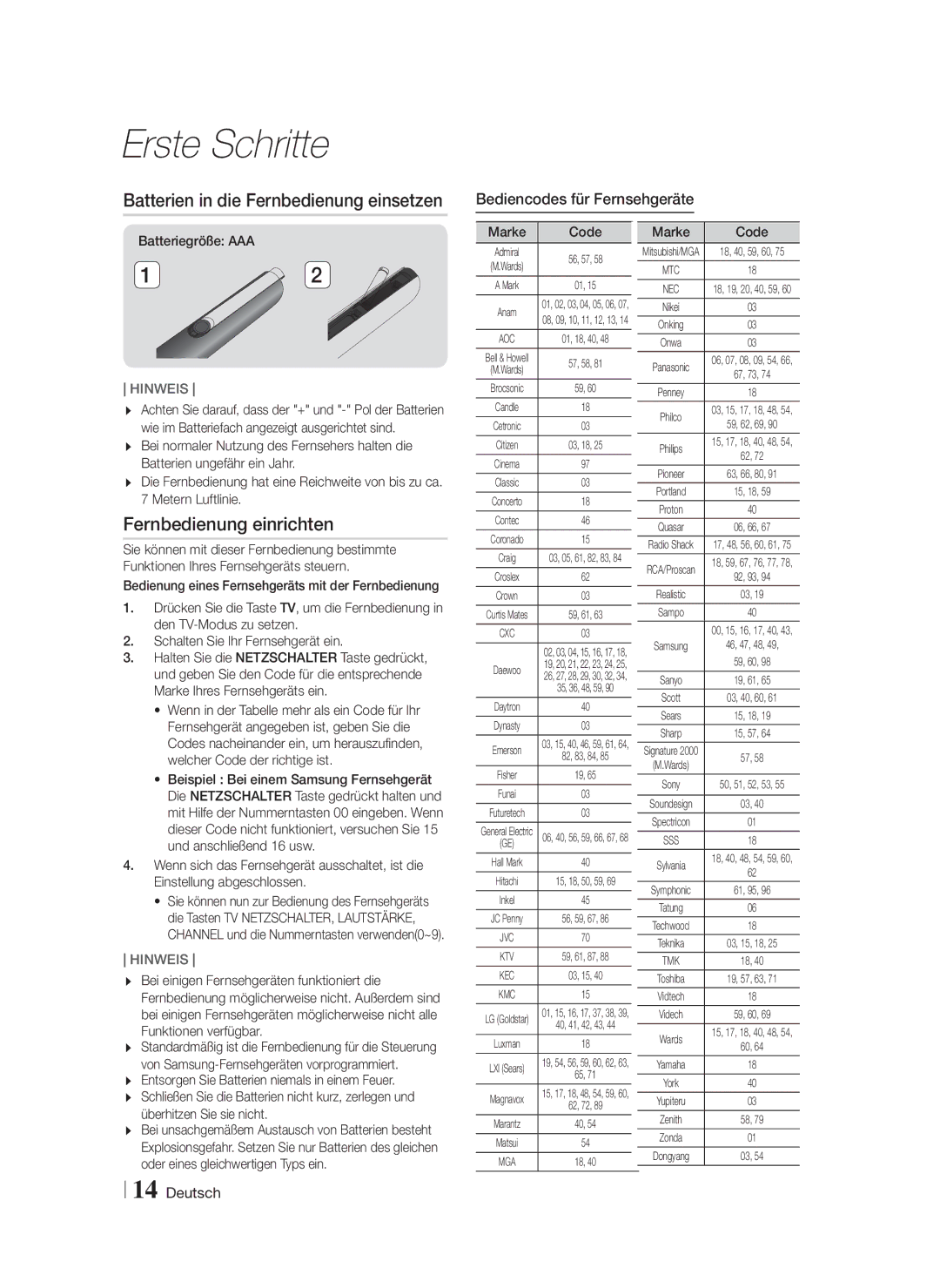 Samsung HT-F9750W/XN Batterien in die Fernbedienung einsetzen, Fernbedienung einrichten, Bediencodes für Fernsehgeräte 