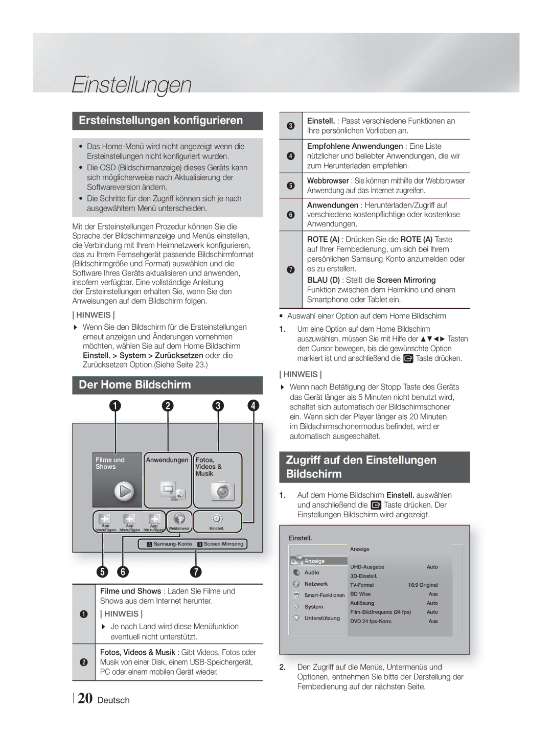 Samsung HT-F9750W/TK, HT-F9750W/XN, HT-F9750W/EN manual Einstellungen, Ersteinstellungen konfigurieren, Der Home Bildschirm 