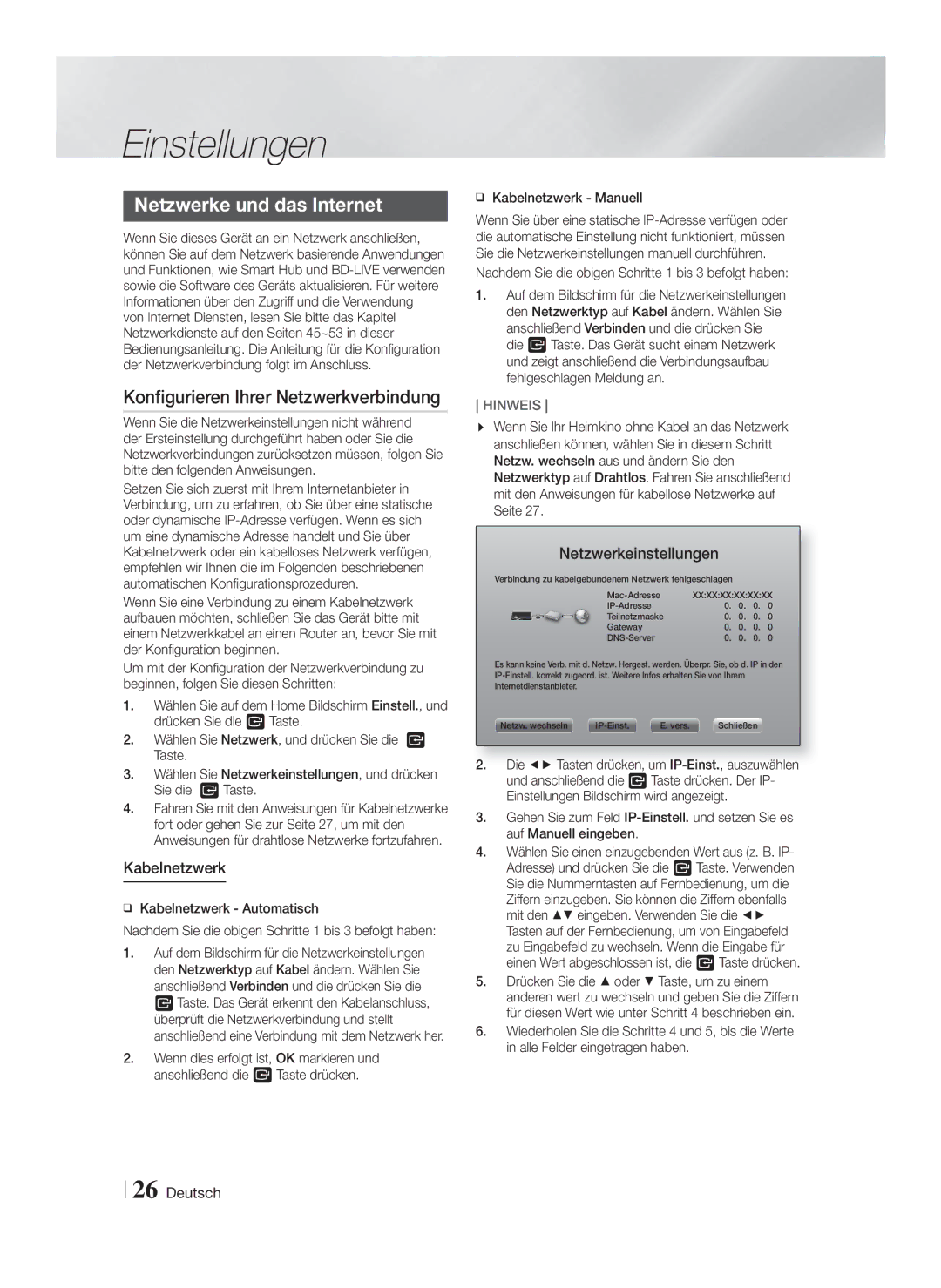 Samsung HT-F9750W/EN, HT-F9750W/XN manual Netzwerke und das Internet, Konfigurieren Ihrer Netzwerkverbindung, Kabelnetzwerk 