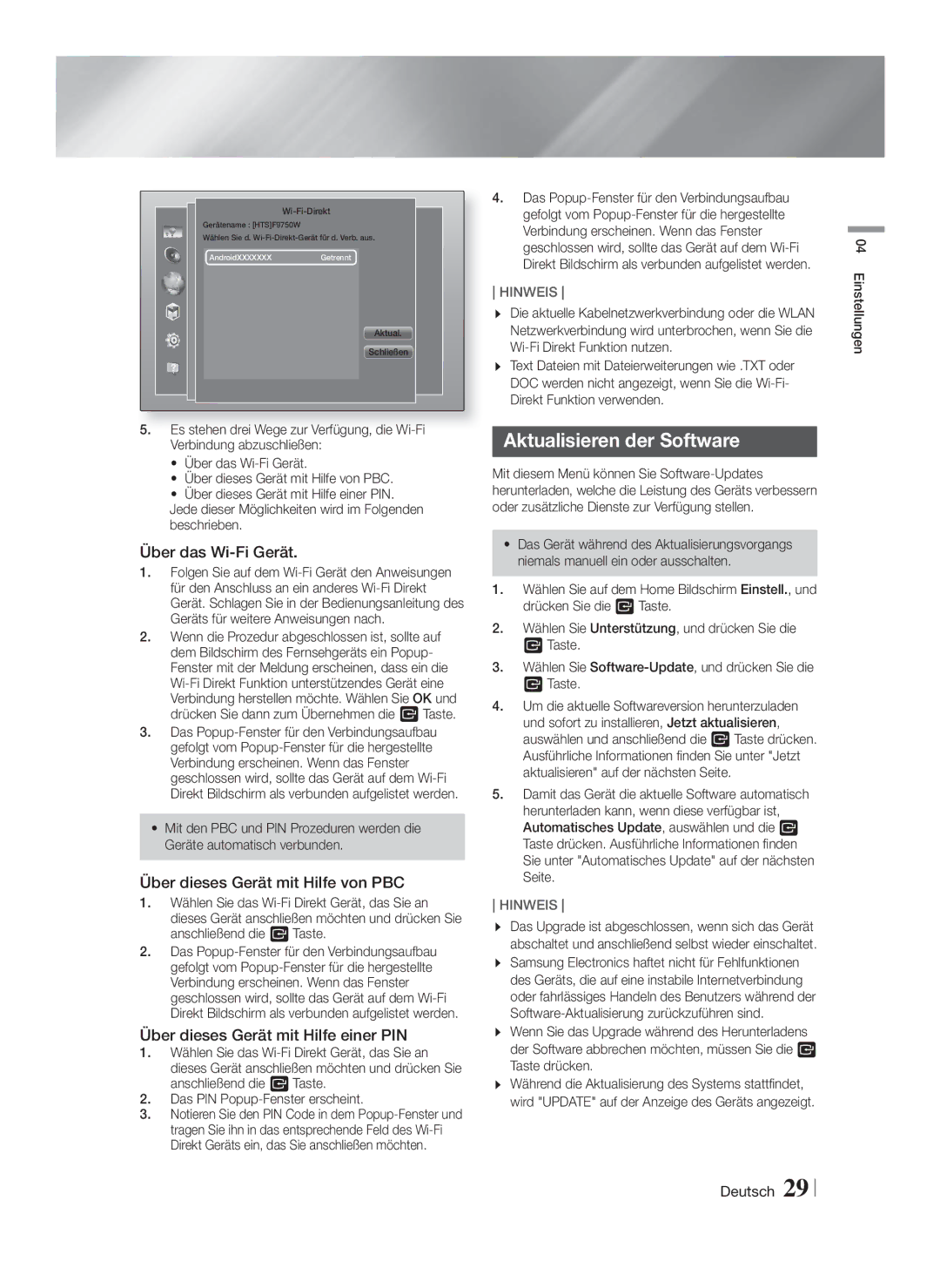 Samsung HT-F9750W/XN, HT-F9750W/TK Aktualisieren der Software, Über das Wi-Fi Gerät, Über dieses Gerät mit Hilfe von PBC 