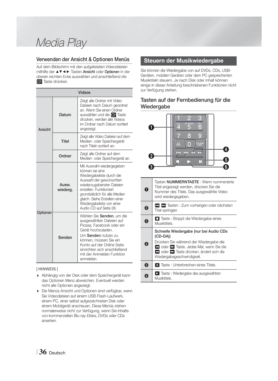 Samsung HT-F9750W/EN, HT-F9750W/XN manual Steuern der Musikwiedergabe, Tasten auf der Fernbedienung für die Wiedergabe 