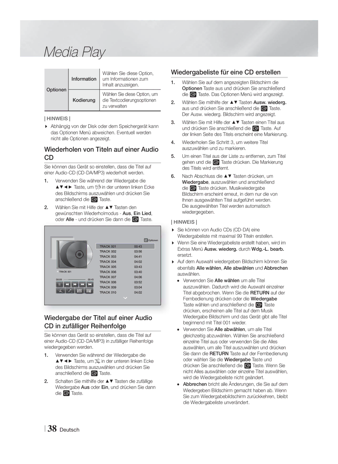 Samsung HT-F9750W/XE manual Wiederholen von Titeln auf einer Audio, Wiedergabeliste für eine CD erstellen, Zu verwalten 