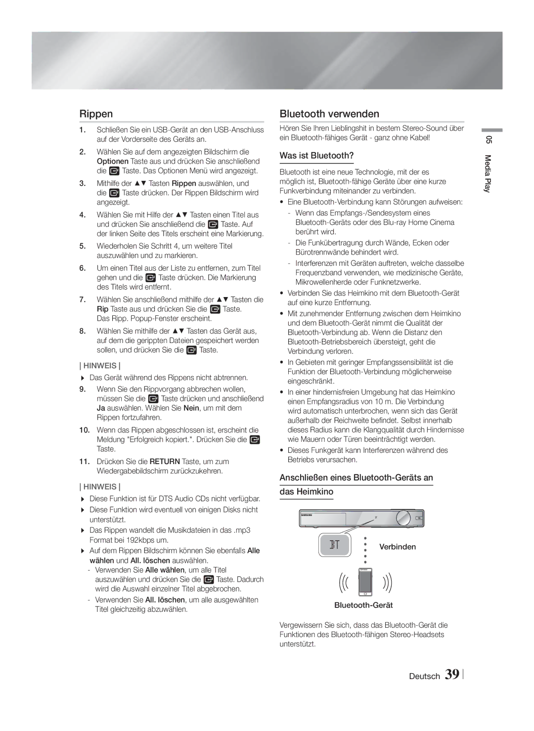 Samsung HT-F9750W/XN Rippen, Bluetooth verwenden, Was ist Bluetooth?, Anschließen eines Bluetooth-Geräts an Das Heimkino 