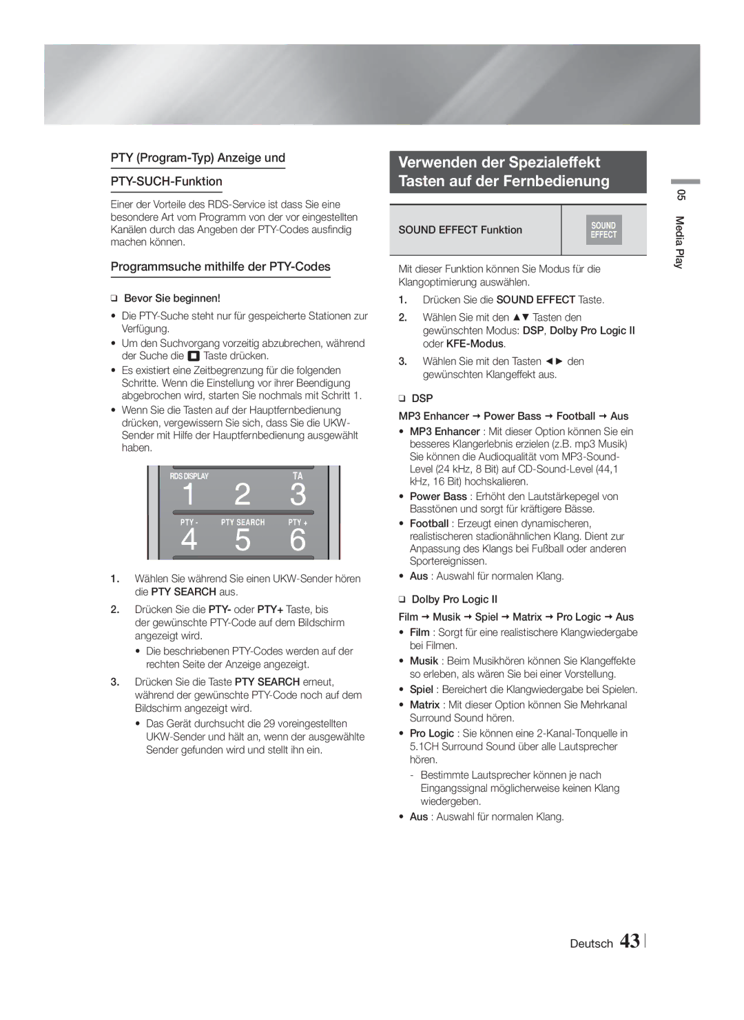 Samsung HT-F9750W/XE manual Verwenden der Spezialeffekt Tasten auf der Fernbedienung, Programmsuche mithilfe der PTY-Codes 