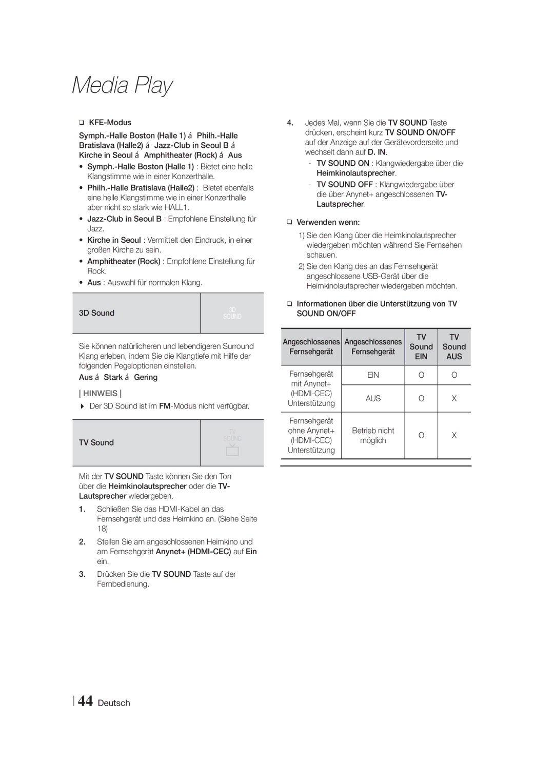 Samsung HT-F9750W/XN, HT-F9750W/TK, HT-F9750W/EN, HT-F9750W/ZF manual KFE-Modus, Der 3D Sound ist im FM-Modus nicht verfügbar 