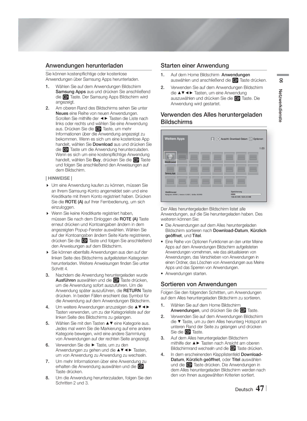 Samsung HT-F9750W/ZF Anwendungen herunterladen, Starten einer Anwendung, Verwenden des Alles heruntergeladen Bildschirms 