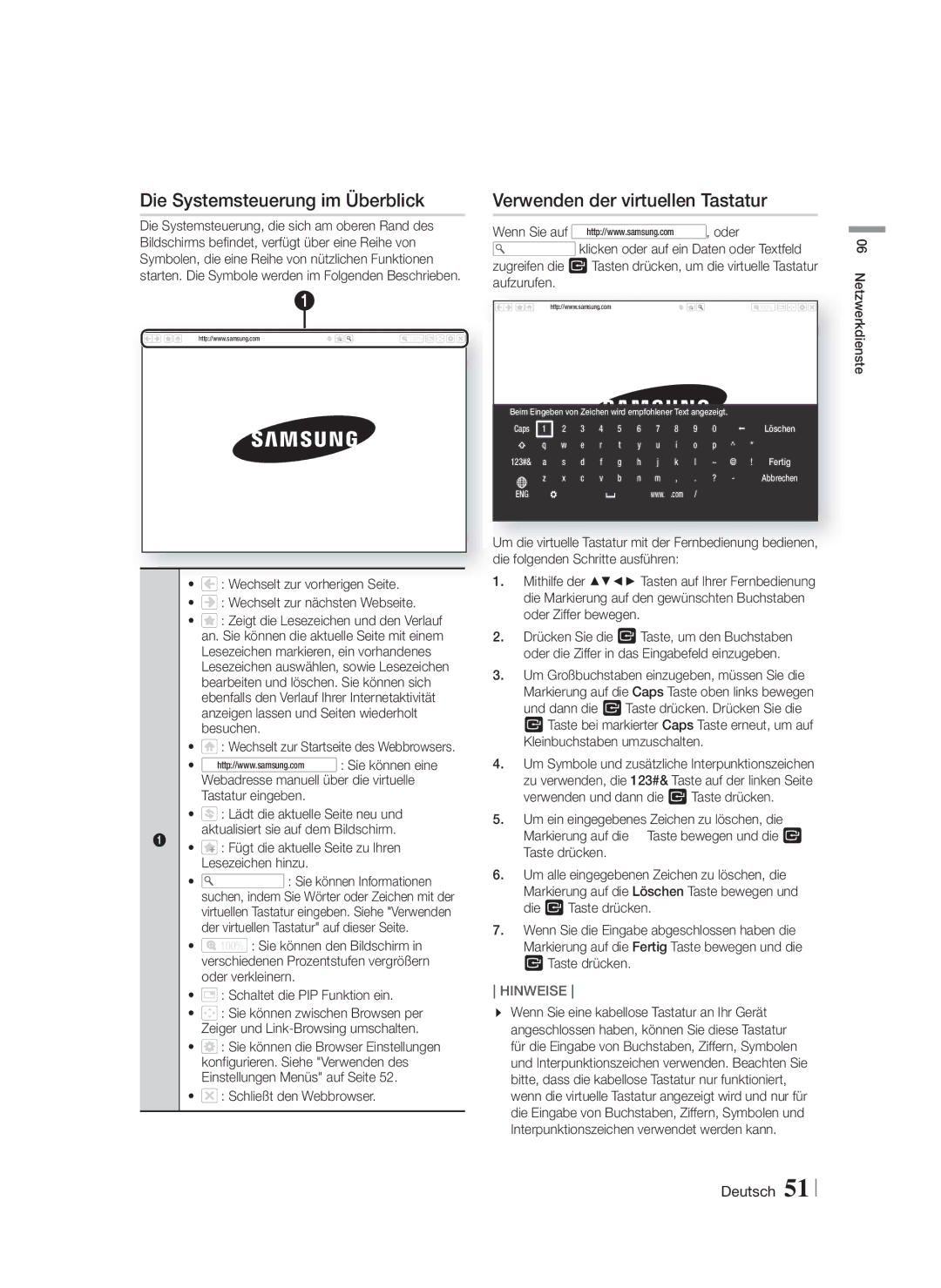 Samsung HT-F9750W/EN manual Die Systemsteuerung im Überblick, Verwenden der virtuellen Tastatur, Schließt den Webbrowser 