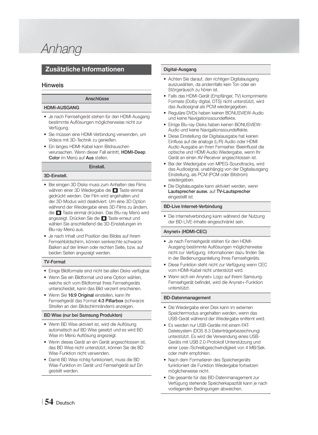 Samsung HT-F9750W/XN manual Anhang, Zusätzliche Informationen, Hinweis, Hdmi-Ausgang, BD Wise nur bei Samsung Produkten 