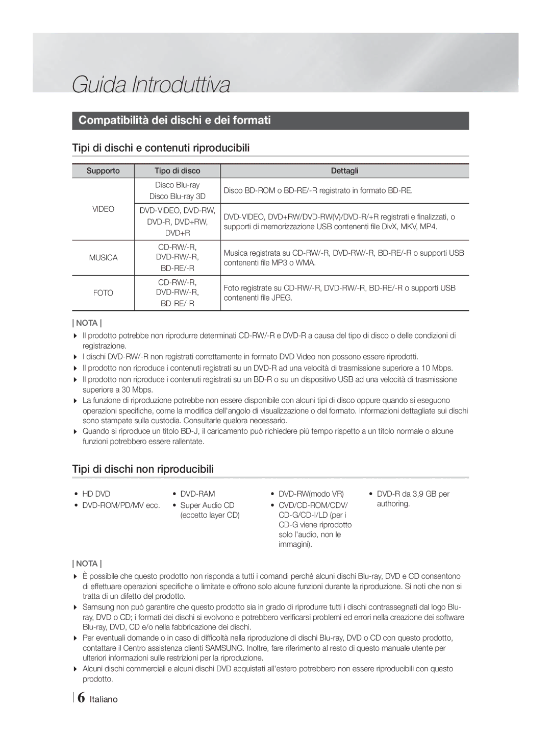 Samsung HT-F9750W/XN Guida Introduttiva, Compatibilità dei dischi e dei formati, Tipi di dischi e contenuti riproducibili 